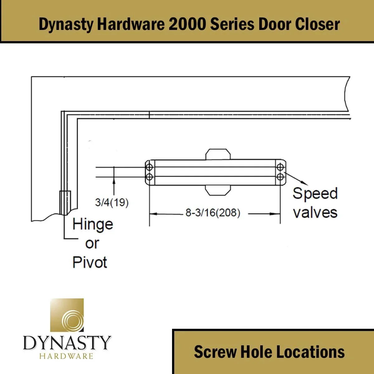 Diagram showing screw hole locations for Door Closer, Commercial Hydraulic Closer, Self-Closing, Spring Size 2, Series 2000.