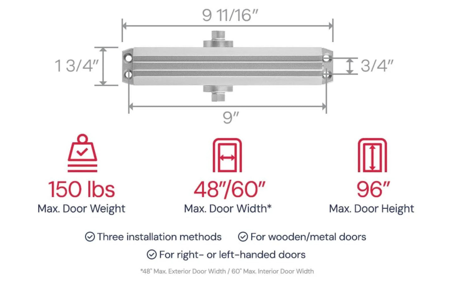 Dimensions and specifications for Medium/Heavy Duty Door Closer Commercial Grade 1 with adjustable 6-speed control and 3 valves.