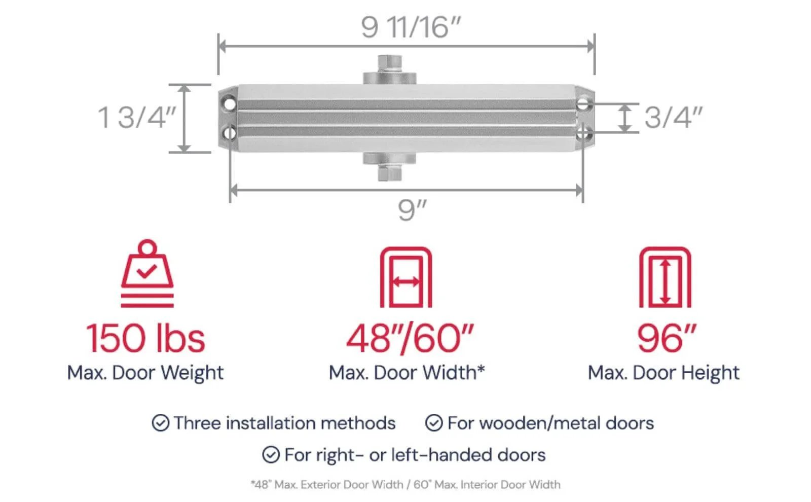 Dimensions and specifications for Medium/Heavy Duty Door Closer Commercial Grade 1 with adjustable 6-speed control and 3 valves.