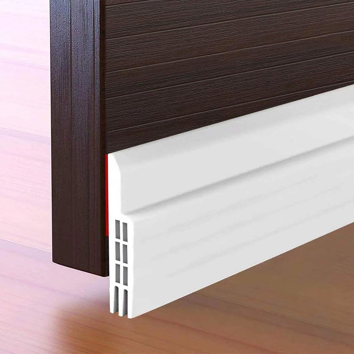 Close-up of Door Draft Stopper Under Door Sweep For Exterior And Interior Doors 2 Inch Wide 39 Inch Long White Self Adhesive Weather Stripping Seal.