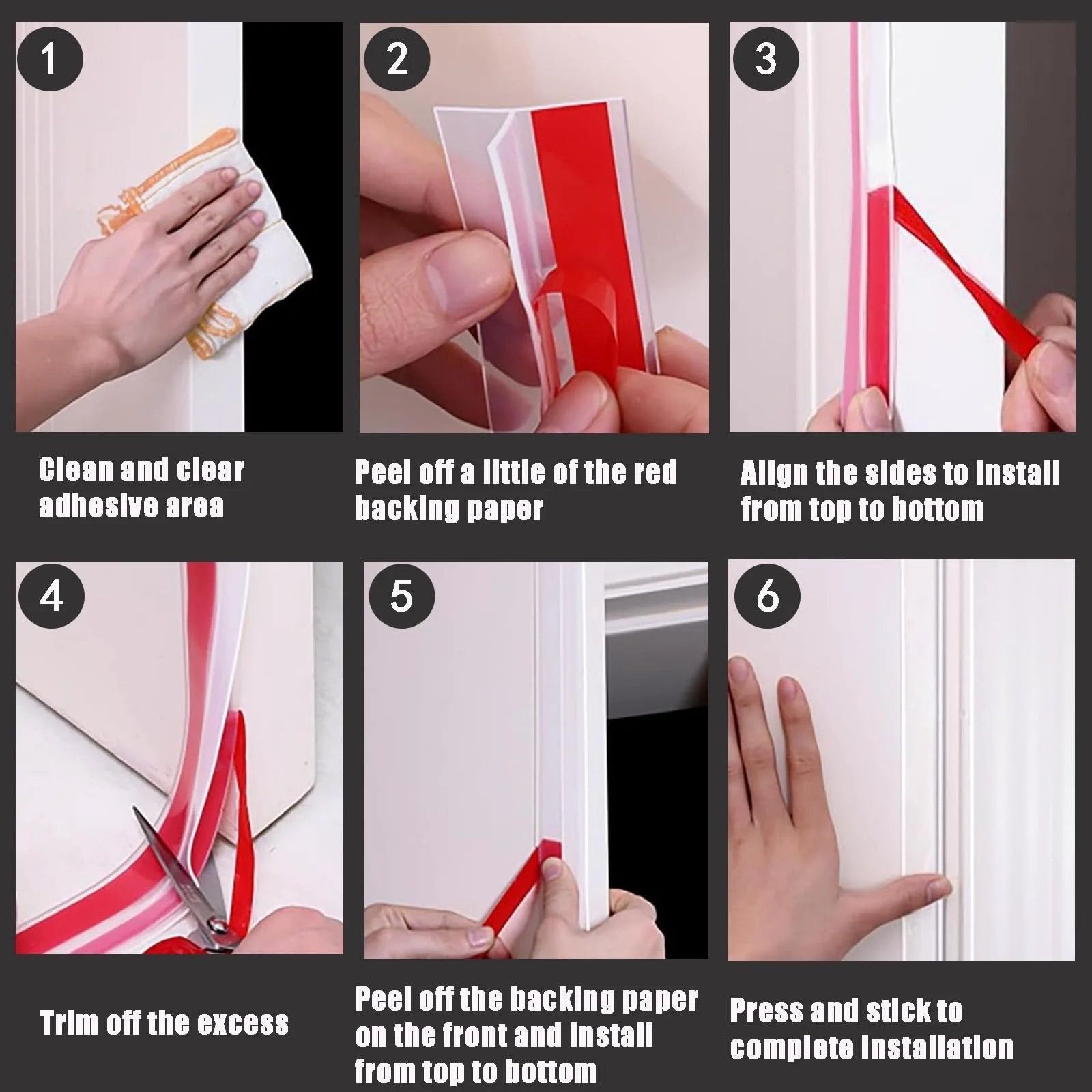 Installation steps for Upgrade T Shaped Door Draft Stopper Clear Silicone Weather Stripping with adhesive backing.
