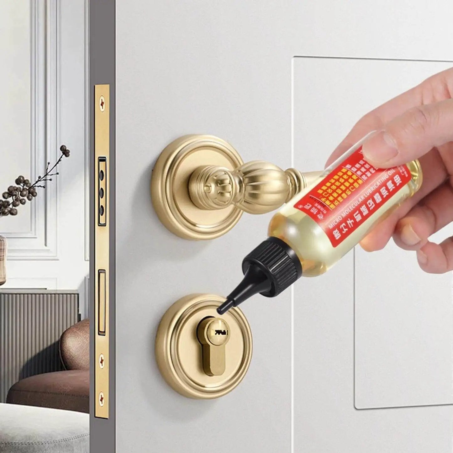 Applying Extend Door Lock Hinge Lubricant 60ml Grease And Penetrating Oil For No More Squeaks And Smoother Sliding on a door lock