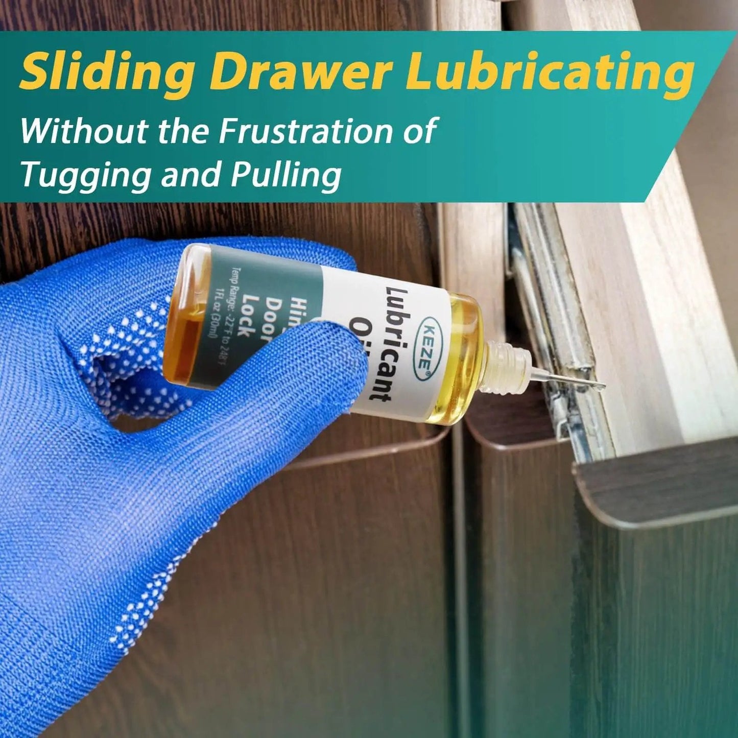 Applying Door Hinge Lubricant Oil For No Squeak Fixes And Smooth Operation Multi Purpose Lube to a sliding drawer with needle oiler