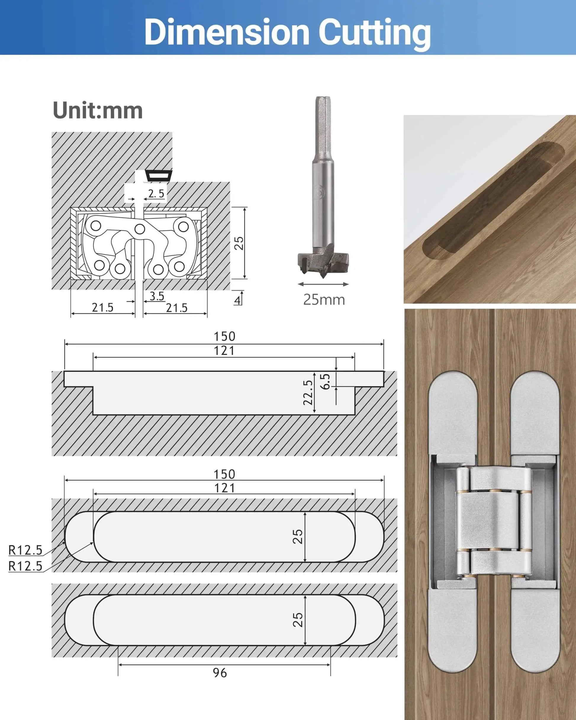 Diagram and installation of Invisible Door Hinges 2 Pack 6 Inch Silver Hidden Hinges with dimensions and wood integration.