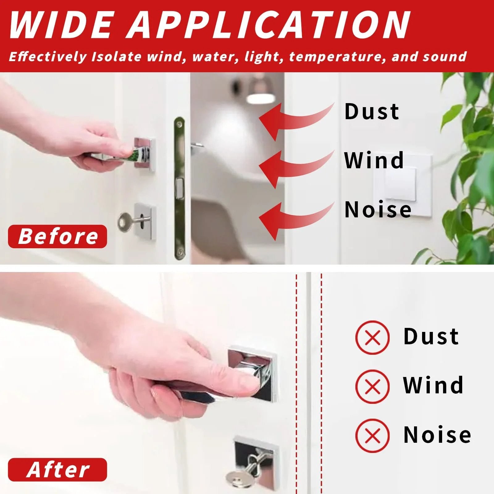 Before and after demonstration of Heavy Duty D Shape Rubber Door Weather Stripping Seal For Large Gaps Self Adhesive Backing 50 Feet.