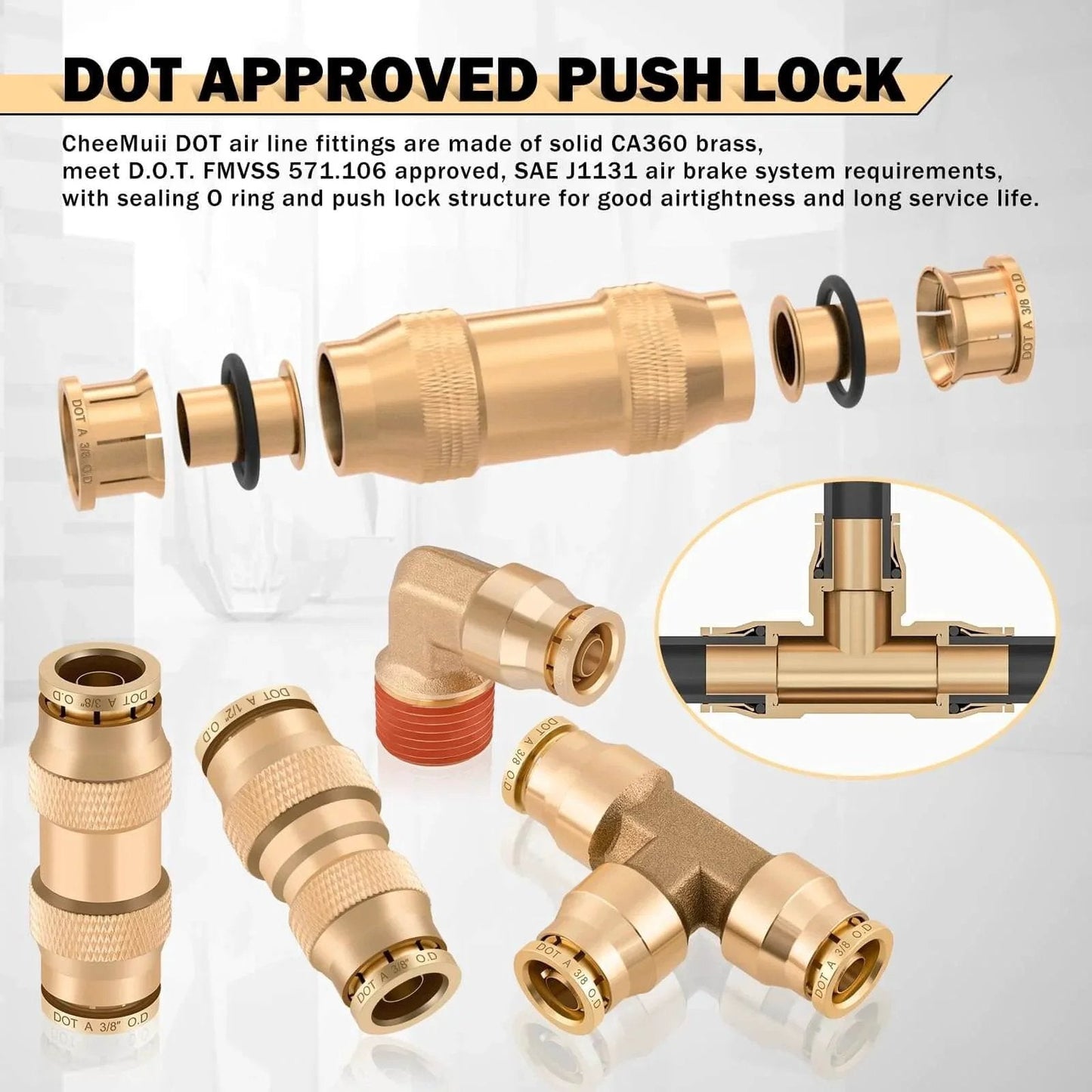 156 Piece Brass DOT Air Line Fittings Kit With Four 100ft Rolls Of Air Lines Includes Push Lock Quick Connect Fittings and Brass Tee
