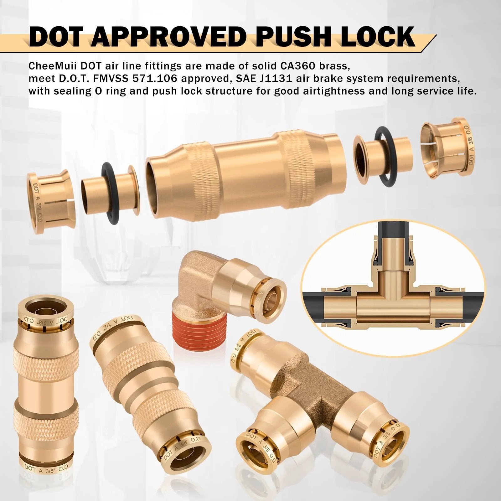 Various brass air line fittings showcase from All In One DOT Air Line Kit With Brass Fittings 100 Pcs Includes 150 Ft Of One Half Inch Three Eighths Inch And One Quarter Inch Lines Push Lock Quick Connect Fittings Air Hose Pneumatic Tubing Plus Tees Unions Elbows.