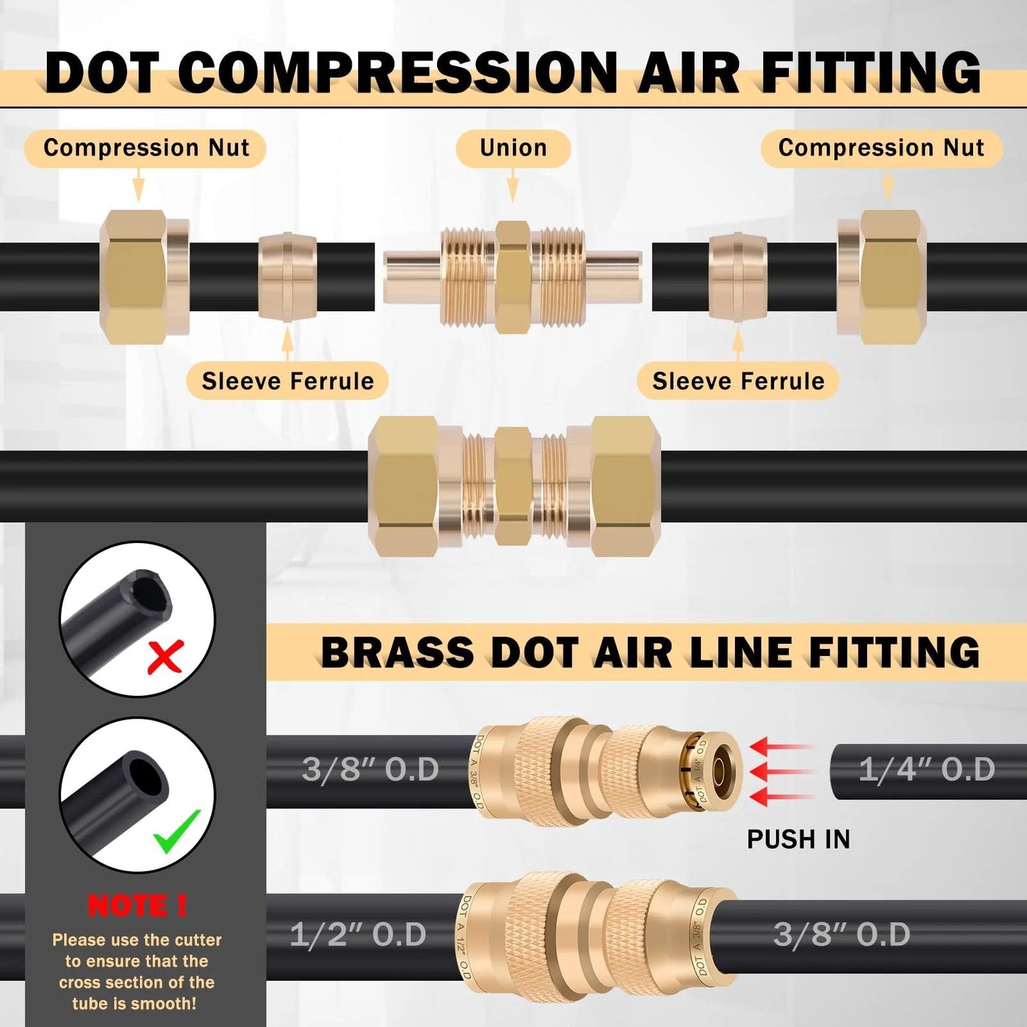 All In One DOT Air Line Kit With Brass Fittings 100 Pcs Includes 150 Ft Of One Half Inch Three Eighths Inch And One Quarter Inch Lines Push Lock Quick Connect Fittings Air Hose Pneumatic Tubing Plus Tees Unions Elbows close-up of brass DOT compression air fittings and tubes.