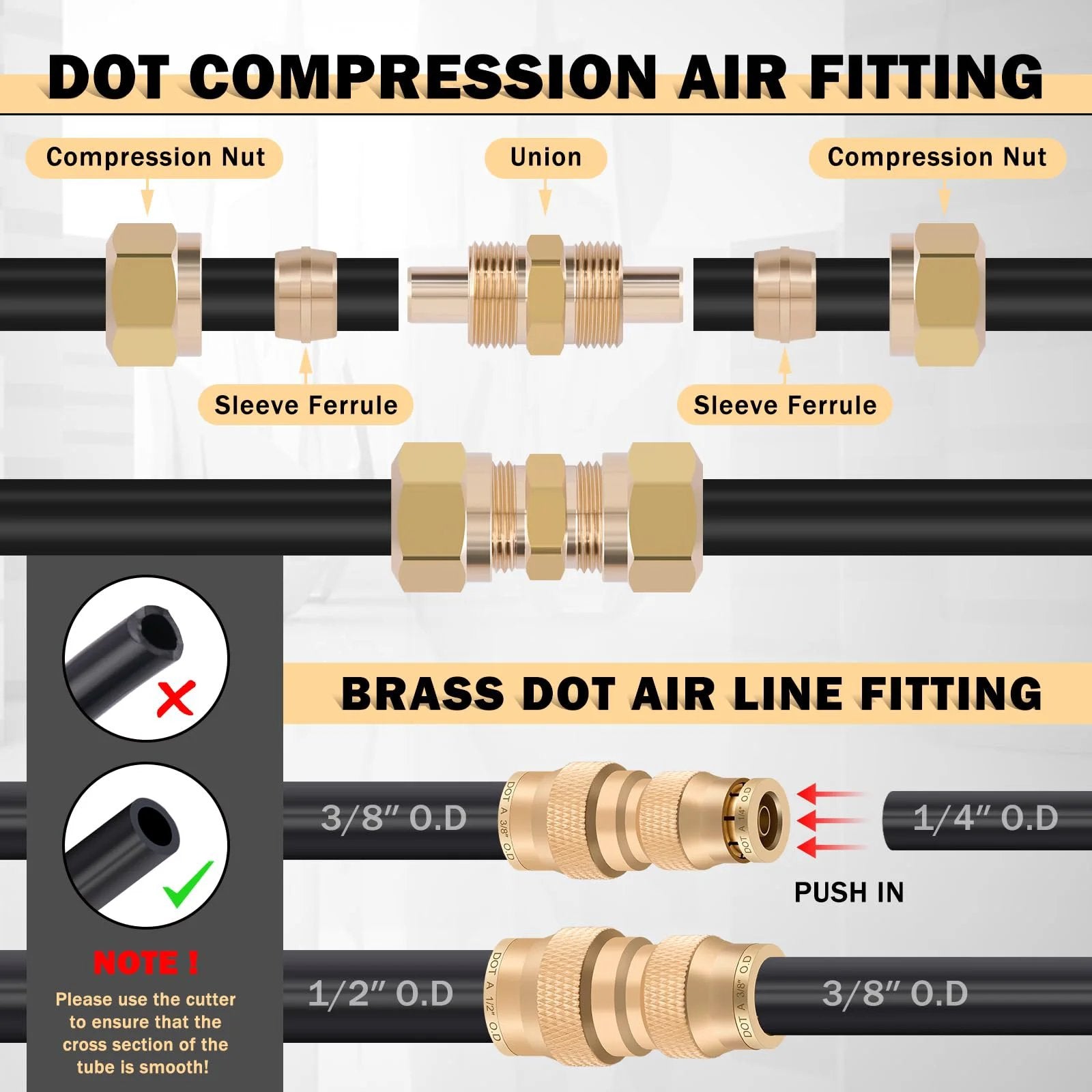 All In One DOT Air Line Kit With Brass Fittings 100 Pcs Includes 150 Ft Of One Half Inch Three Eighths Inch And One Quarter Inch Lines Push Lock Quick Connect Fittings Air Hose Pneumatic Tubing Plus Tees Unions Elbows close-up of brass DOT compression air fittings and tubes.