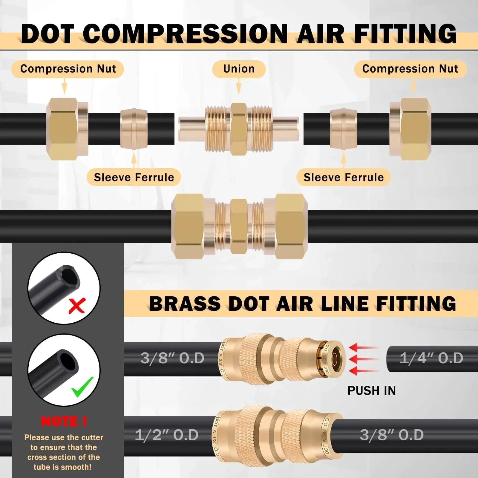 Diagram of compression and brass DOT air line fittings with measurements, part of 156 Piece Brass DOT Air Line Fittings Kit With Four 100ft Rolls