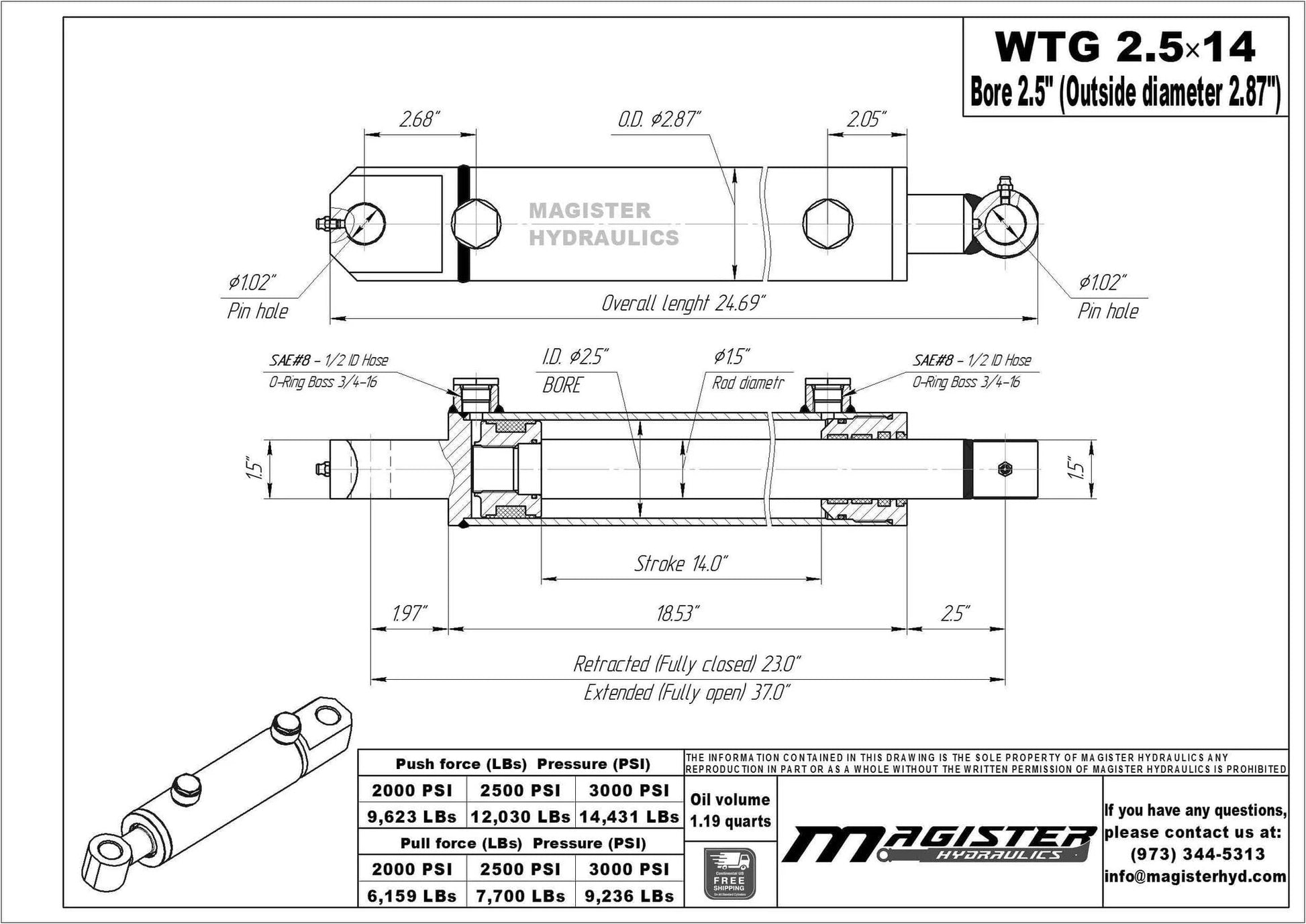 Technical diagram of ✝️ Double Acting Hydraulic Cylinder - Tang Universal Hydraulic Cylinder 2.5" Bore, 14 inch Stroke Tang Style (2.5x14)