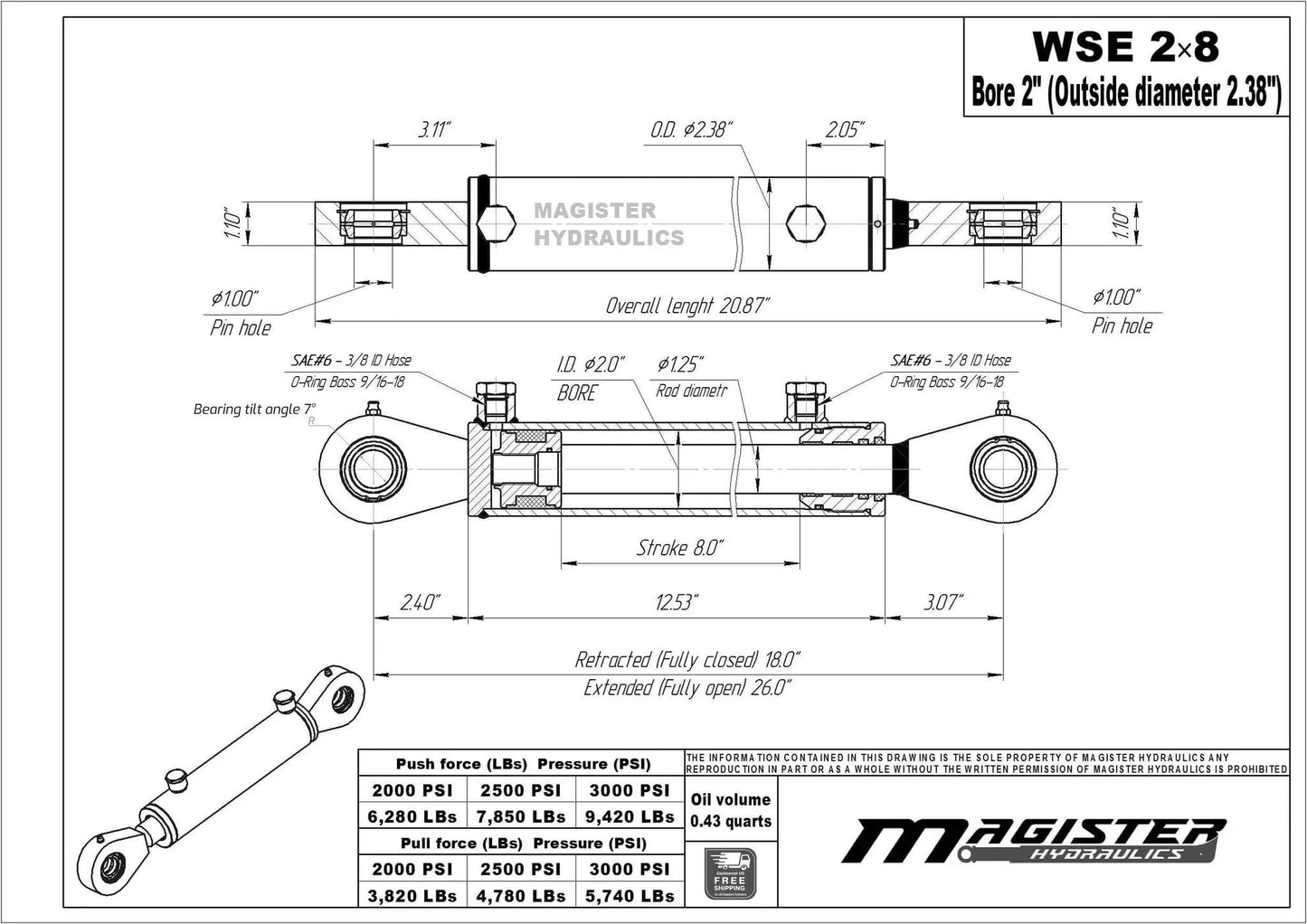 Diagram of Heavy Duty Double Acting Hydraulic Cylinder With 2 Inch Bore And 8 Inch Stroke Swivel Eye Universal Fit 3500 PSI Rated 9400 Lb Load Welded Body SAE 6 Ports O Ring Boss By Magister Hydraulics showing dimensions and design.