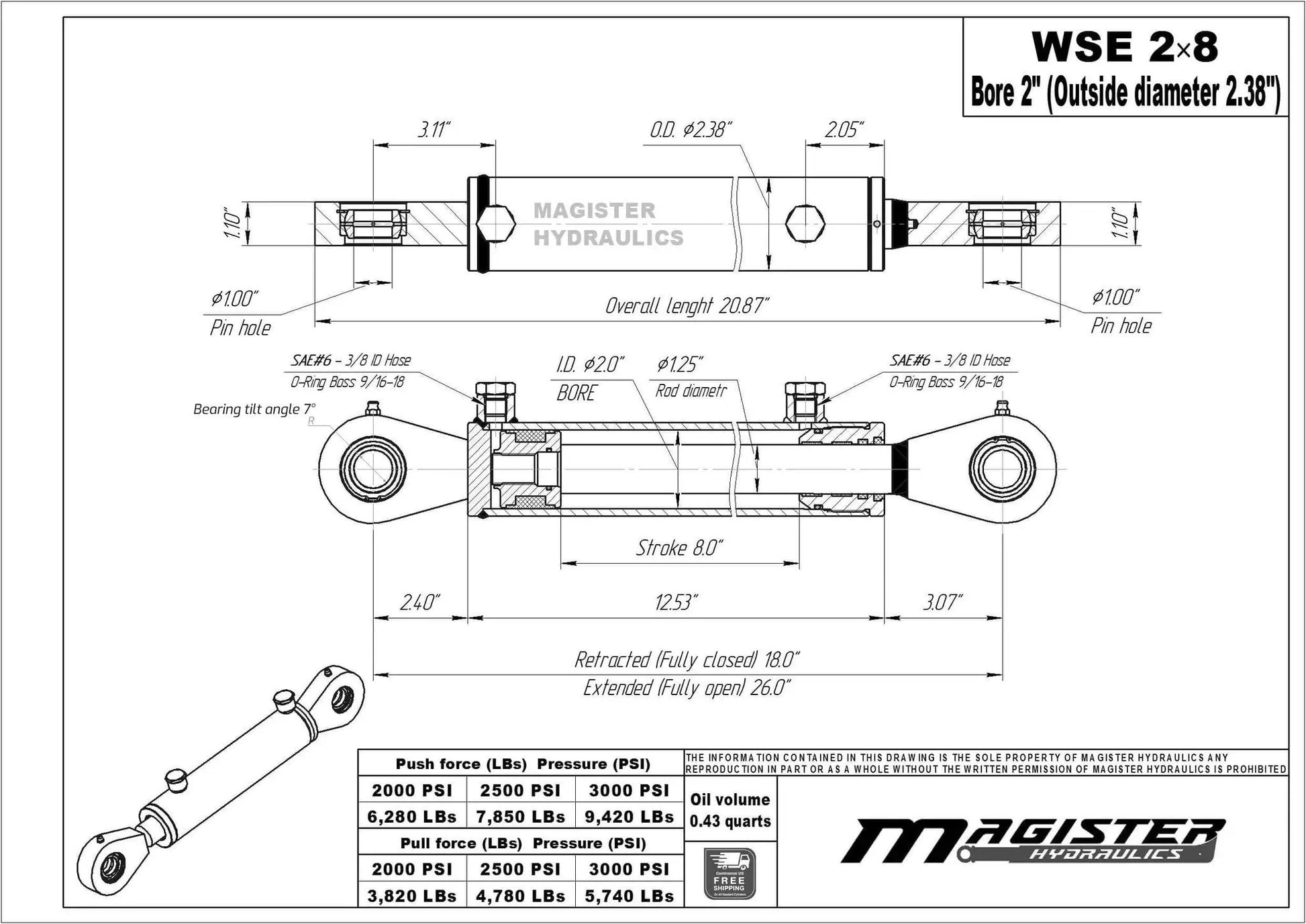 Diagram of Heavy Duty Double Acting Hydraulic Cylinder With 2 Inch Bore And 8 Inch Stroke Swivel Eye Universal Fit 3500 PSI Rated 9400 Lb Load Welded Body SAE 6 Ports O Ring Boss By Magister Hydraulics showing dimensions and design.