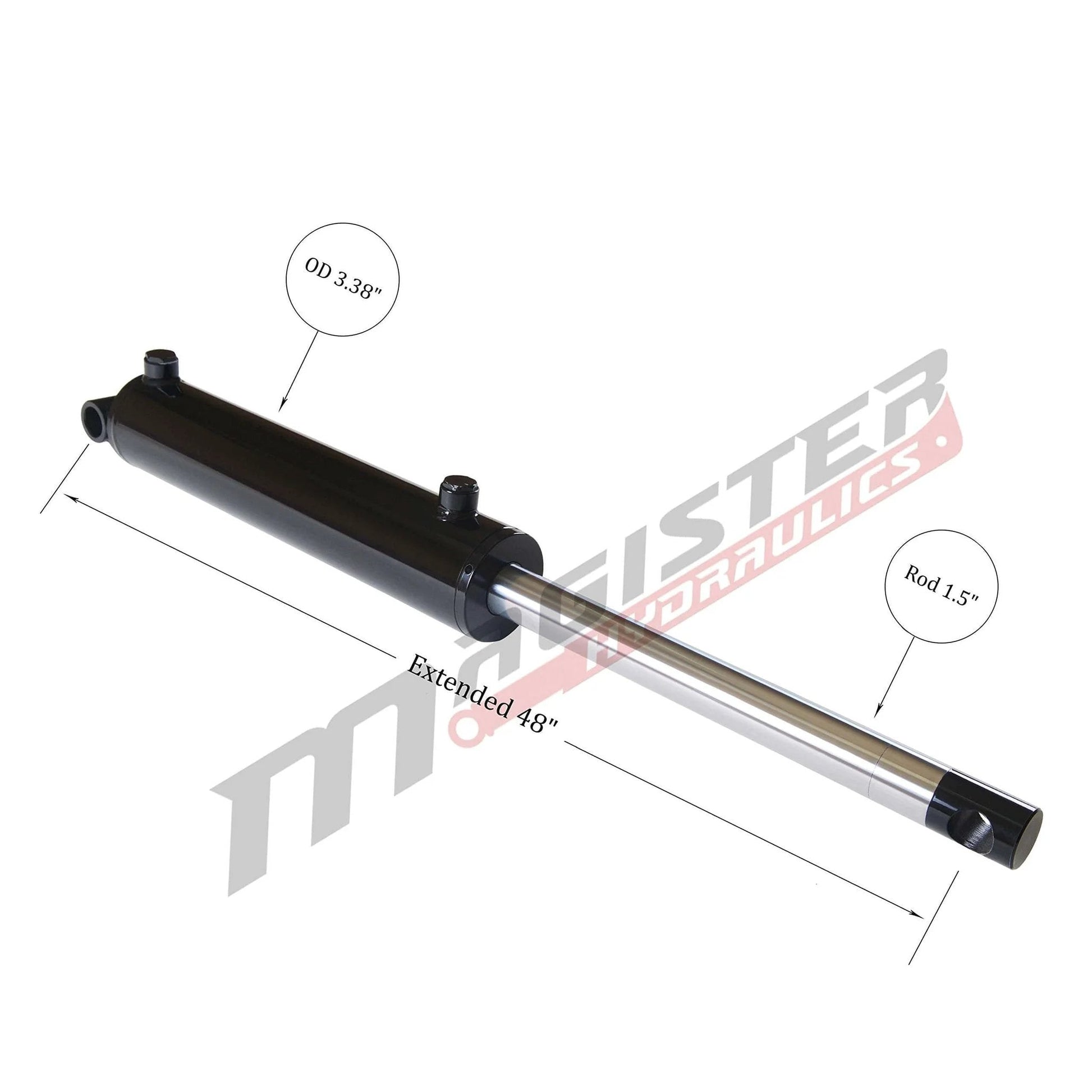 Double Acting Hydraulic Cylinder - Universal Hydraulic Cylinder 3" Bore 20" Stroke - Pin Eye Style with extended rod showing dimensions