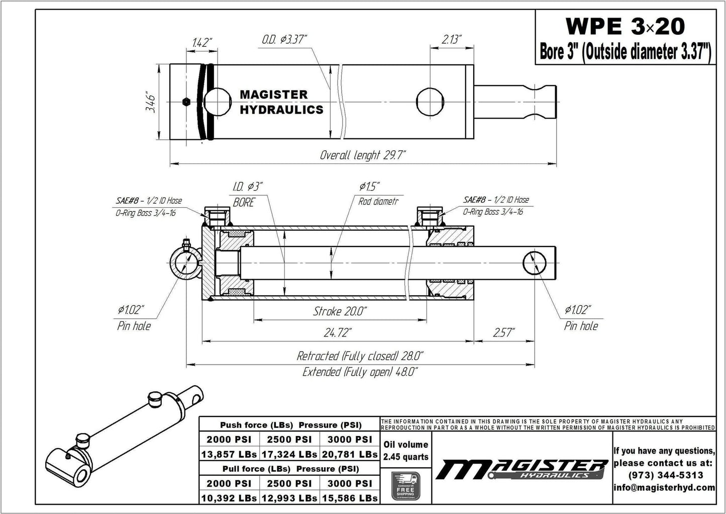 Technical drawing of ✝️ Double Acting Hydraulic Cylinder - Universal Hydraulic Cylinder 3" Bore 20" Stroke - Pin Eye Style Hydraulic Cylinders (3x20) with measurements and details.