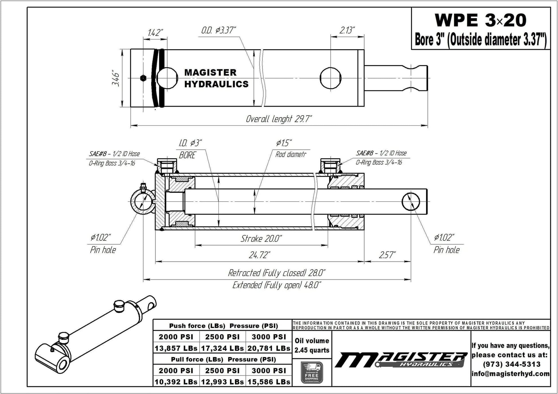 Technical drawing of ✝️ Double Acting Hydraulic Cylinder - Universal Hydraulic Cylinder 3" Bore 20" Stroke - Pin Eye Style Hydraulic Cylinders (3x20) with measurements and details.