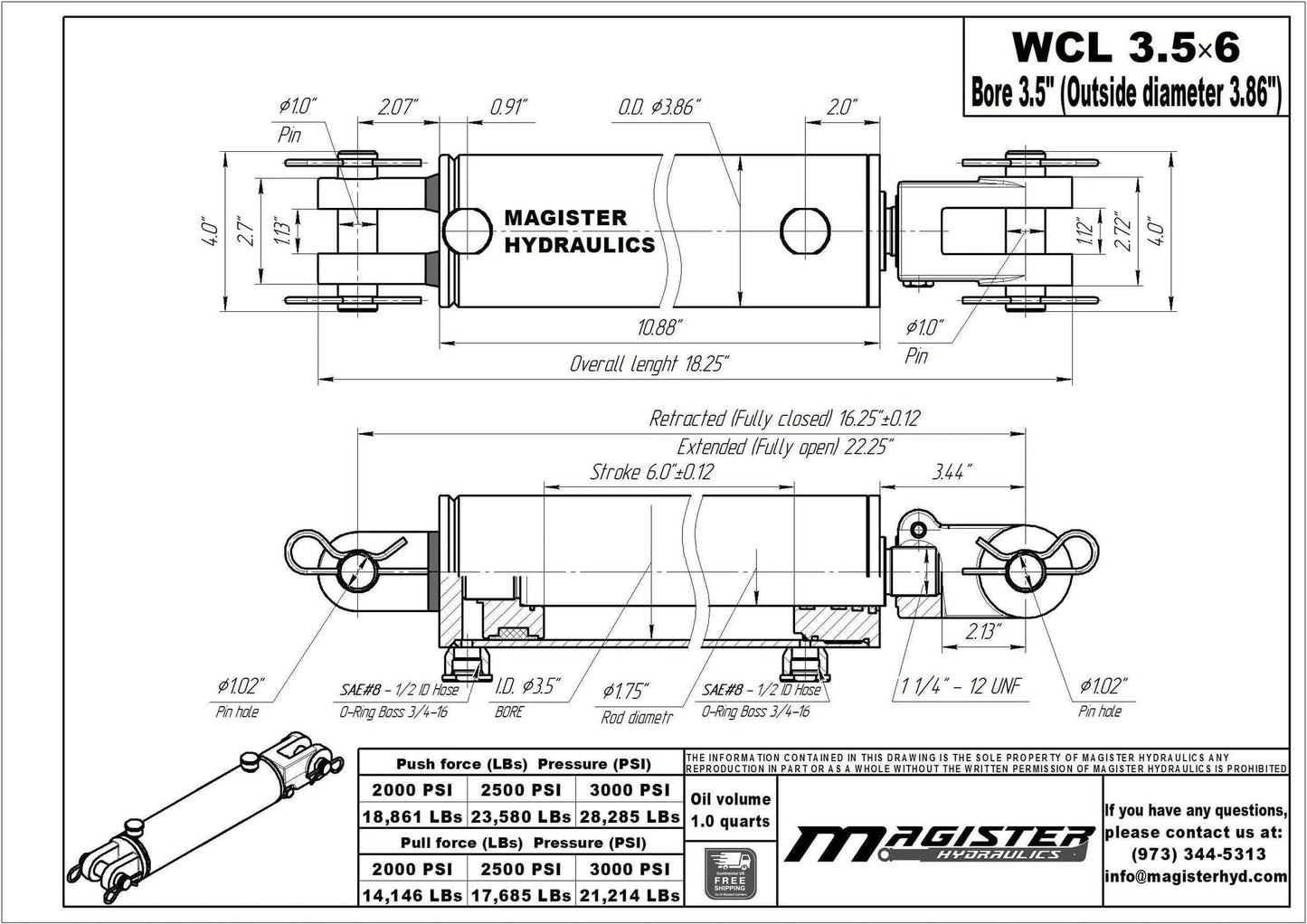 Technical diagram of ✝️ Hydraulics Double Acting Hydraulic Cylinder - Clevis End 3500 PSI, Bore 3.5", Stroke 6", Heavy Duty Clevis