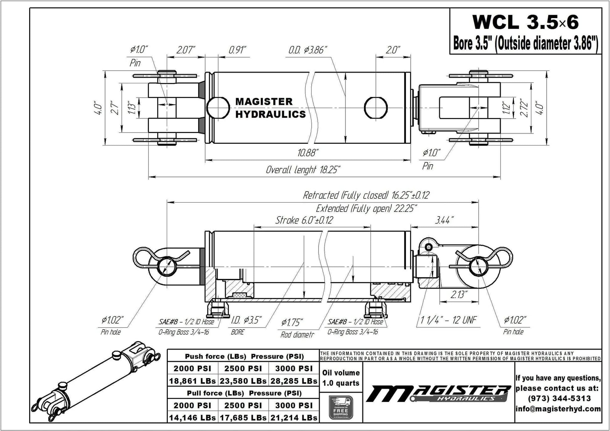 Technical diagram of ✝️ Hydraulics Double Acting Hydraulic Cylinder - Clevis End 3500 PSI, Bore 3.5", Stroke 6", Heavy Duty Clevis