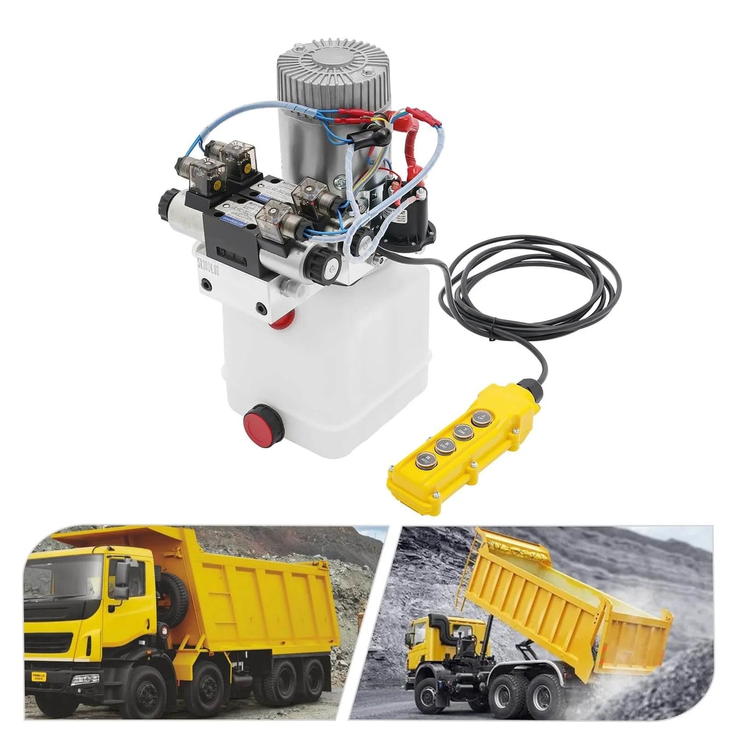 Double Acting Hydraulic Pump 12V DC 4.5 Quart Hydraulic Power Unit with controller and images of dump trucks in action