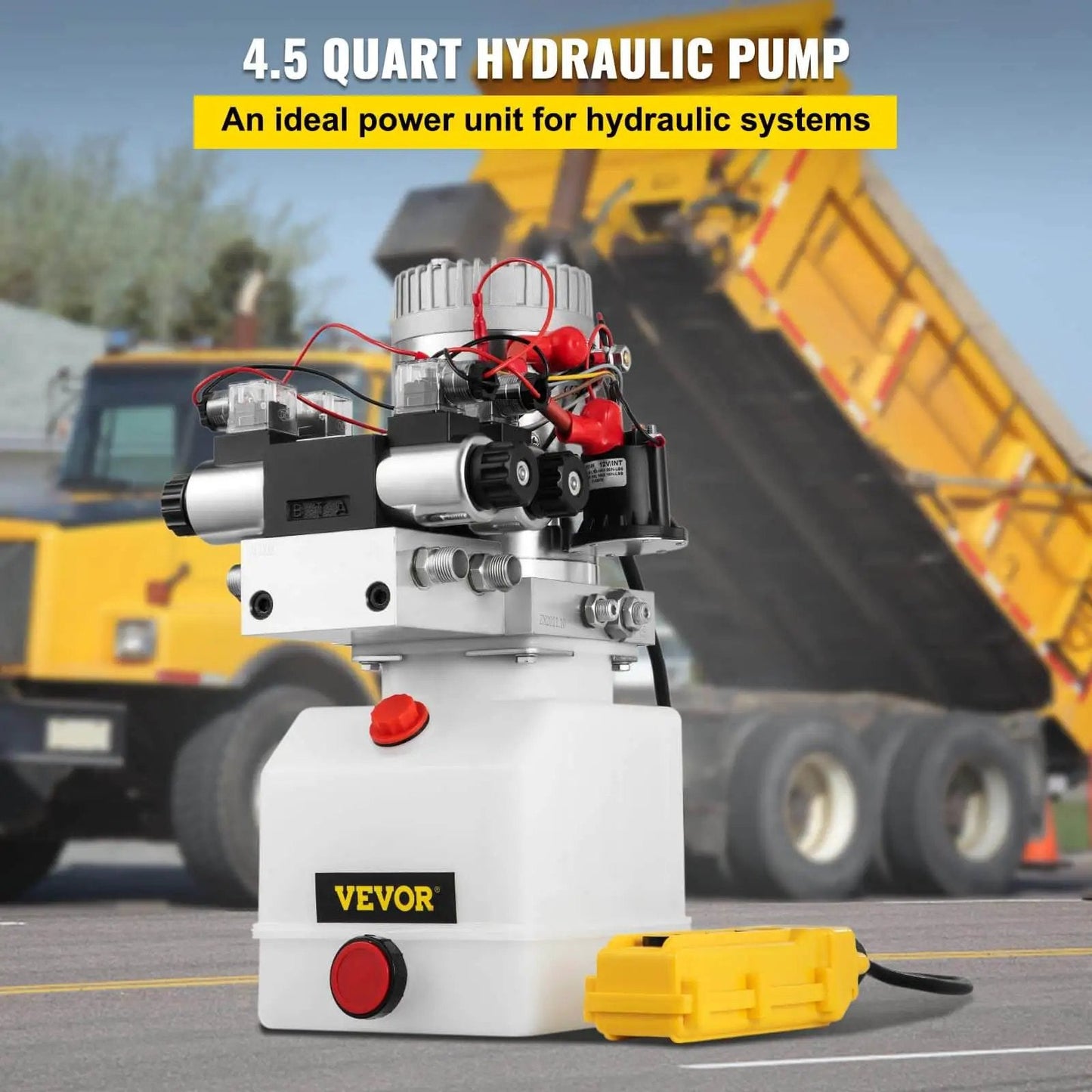 Double Acting 4 Way Hydraulic Pump Power Unit With 12V DC Motor 2 GPM Flow 3200 PSI Max For Dump Trailer Lifting And Car Lift 4.5 Quart Reservoir VEVOR shown with dump truck in background