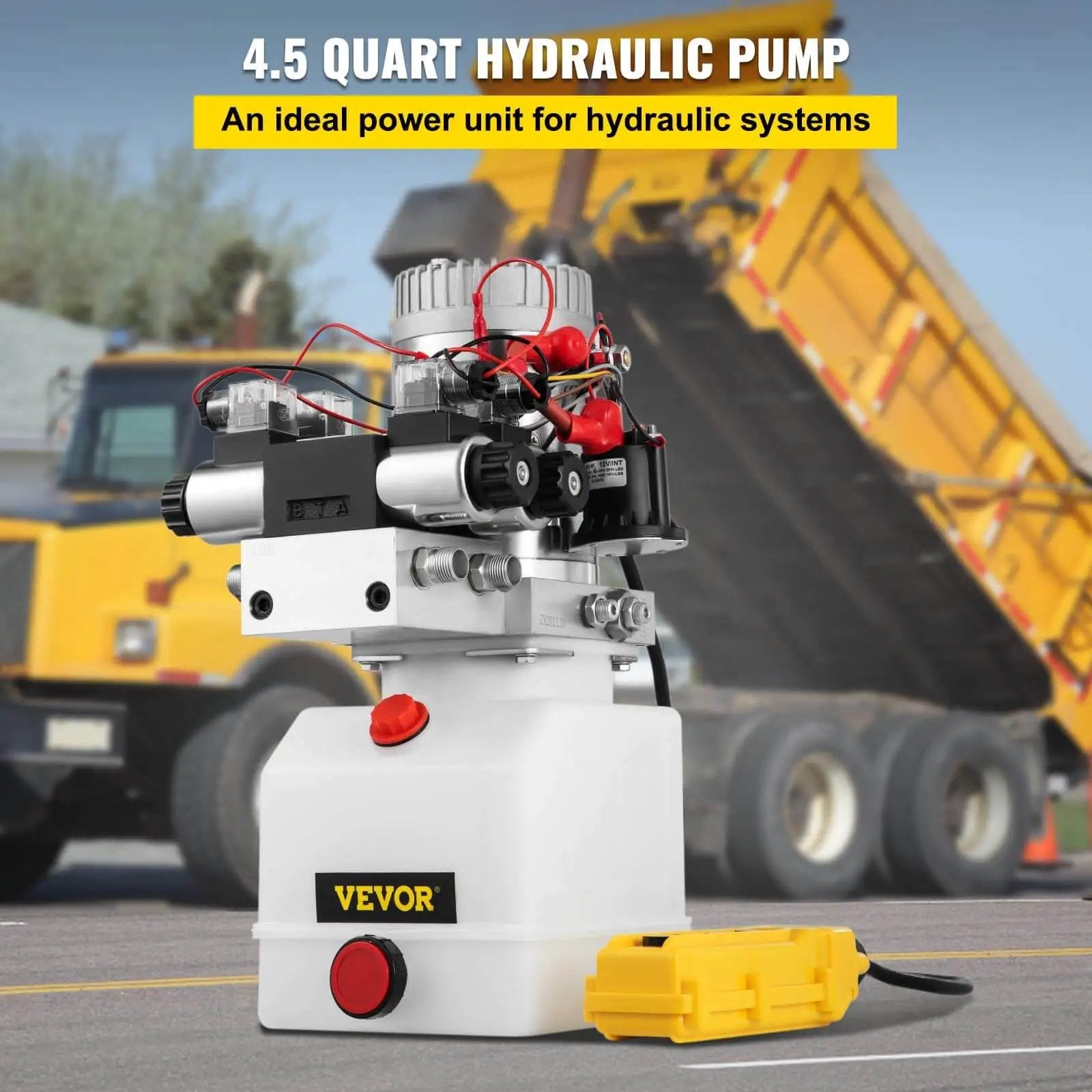 Double Acting 4 Way Hydraulic Pump Power Unit With 12V DC Motor 2 GPM Flow 3200 PSI Max For Dump Trailer Lifting And Car Lift 4.5 Quart Reservoir VEVOR shown with dump truck in background