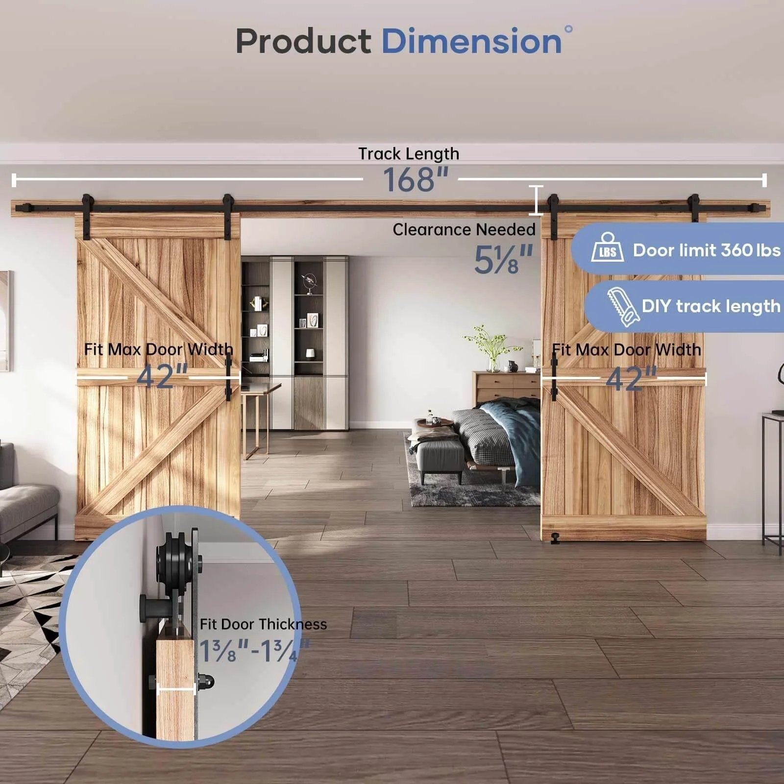 Room with 14 FT Double Sliding Barn Door Hardware Kit with Track and Handles installed, 168-inch track length over wooden doors, focus on dimensions and clearance.