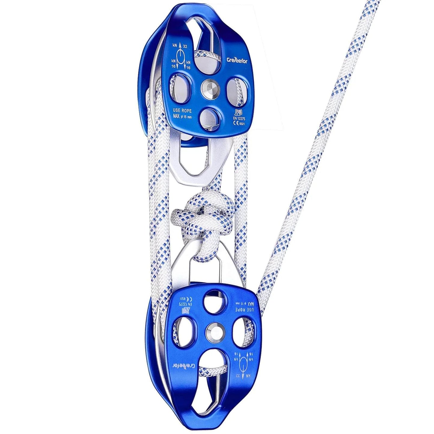 Heavy-Duty Double Block and Tackle Pulley System – 100Ft x 1/2'' Rope, 7700 LB(35KN) Breaking Strength, 4:1 Lifting Ratio shown in blue steel