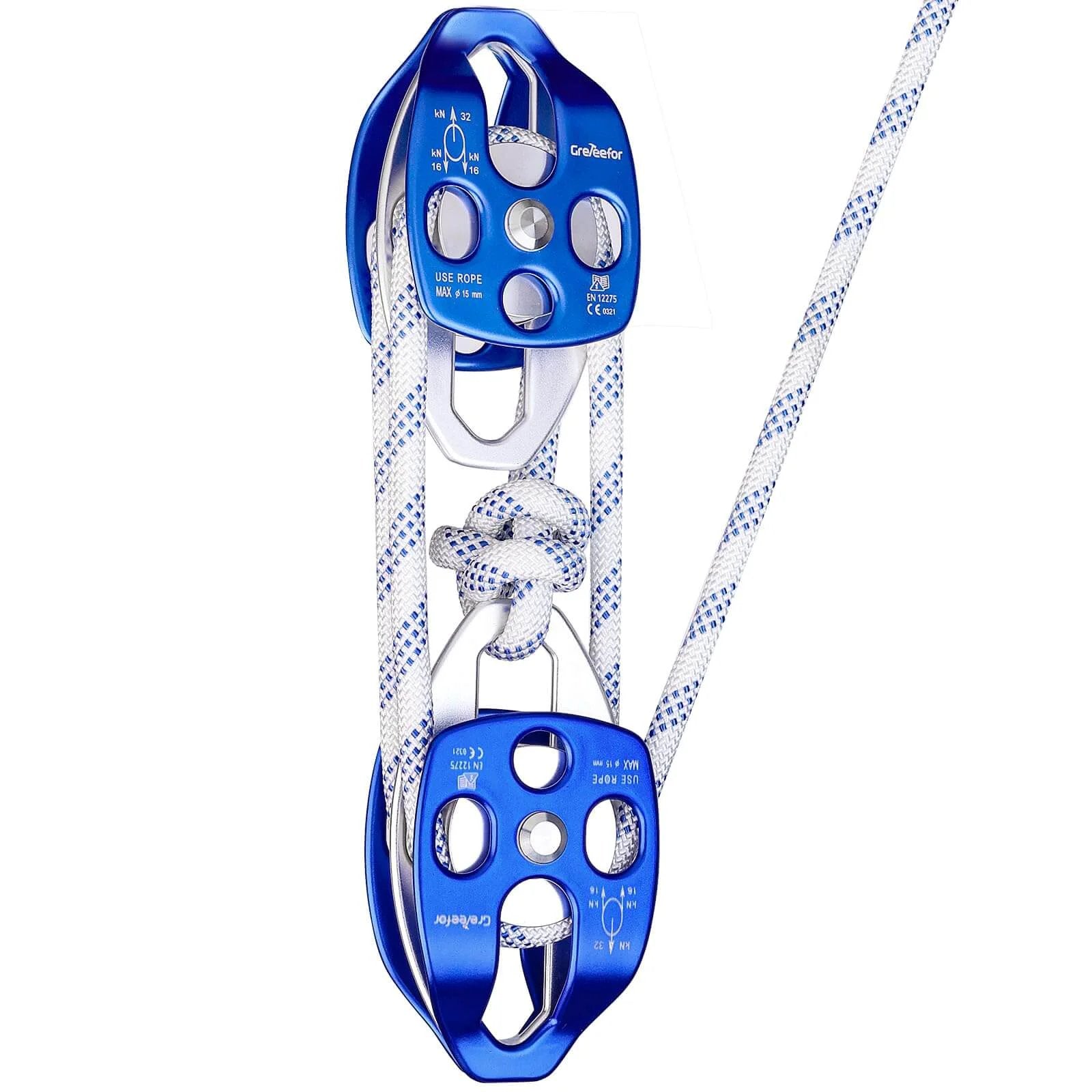 Heavy-Duty Double Block and Tackle Pulley System – 100Ft x 1/2'' Rope, 7700 LB(35KN) Breaking Strength, 4:1 Lifting Ratio shown in blue steel