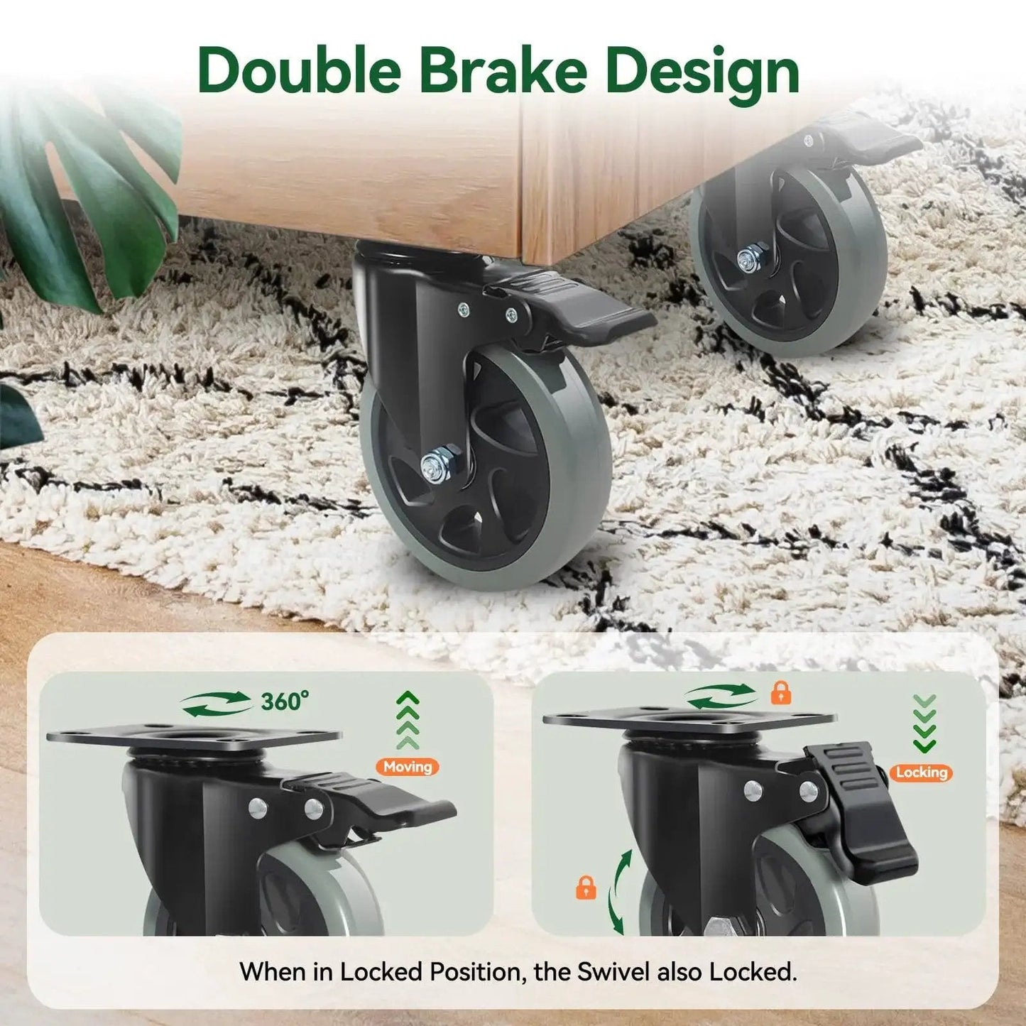 5 Inch Heavy Duty Caster Wheels Set Of 4 With Brakes installed on wooden furniture, grey polyurethane, total 2200 lbs capacity.