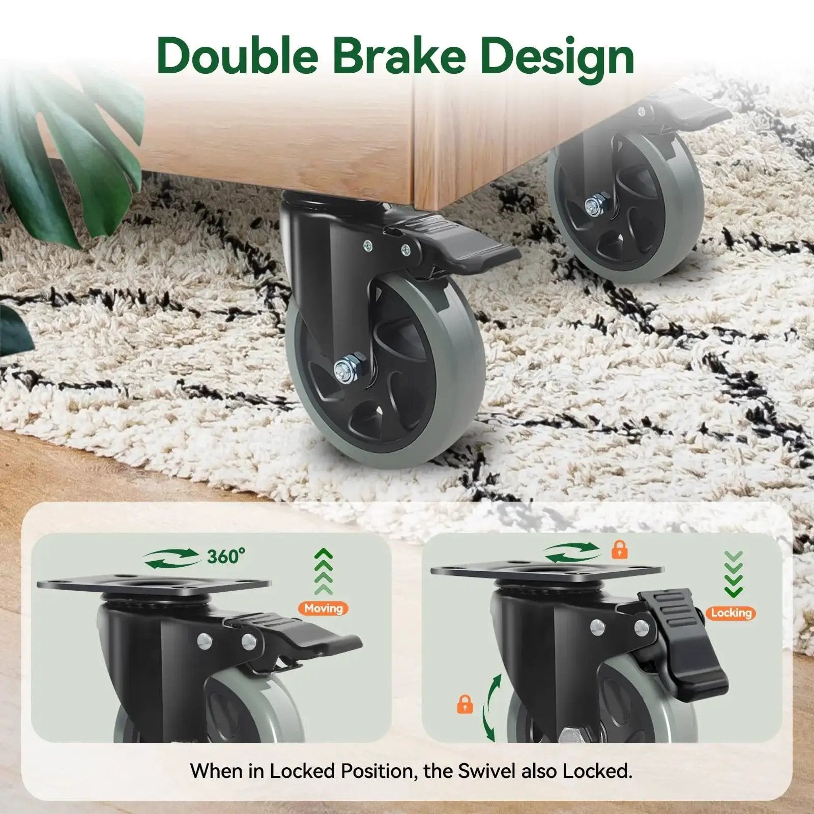 5 Inch Heavy Duty Caster Wheels Set Of 4 With Brakes installed on wooden furniture, grey polyurethane, total 2200 lbs capacity.