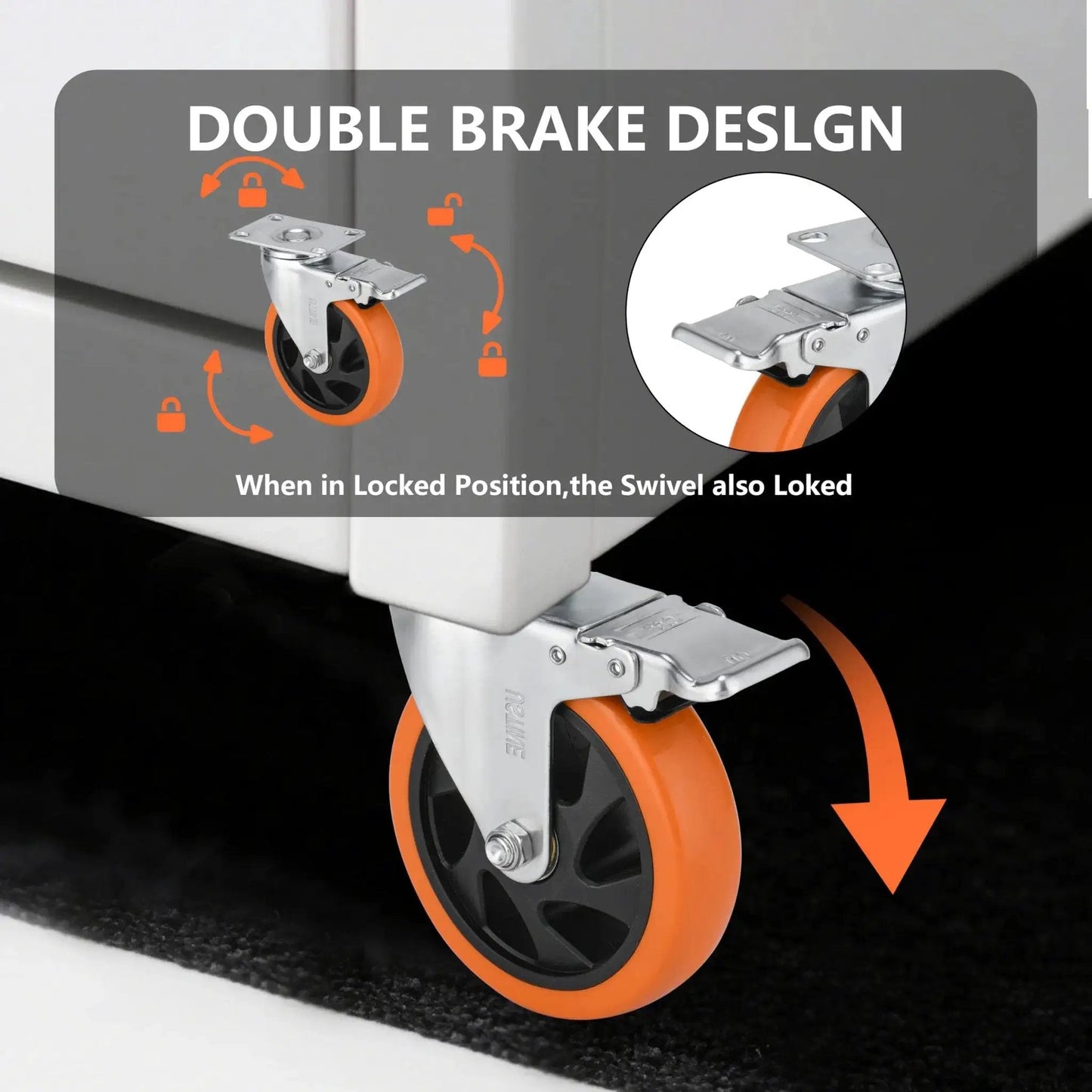 Five Inch Caster Wheels Set Of Four With Two Swivel Casters With Brakes And Two Rigid Casters in action on furniture, orange wheel