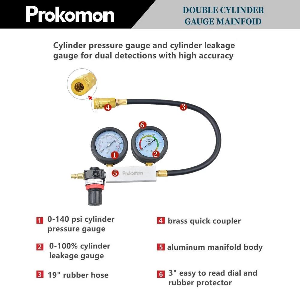 Engine Cylinder Leak Down Tester Kit For Gasoline Engines With Dual Gauge And Extension Rods, detailed view of dual gauges and hoses.