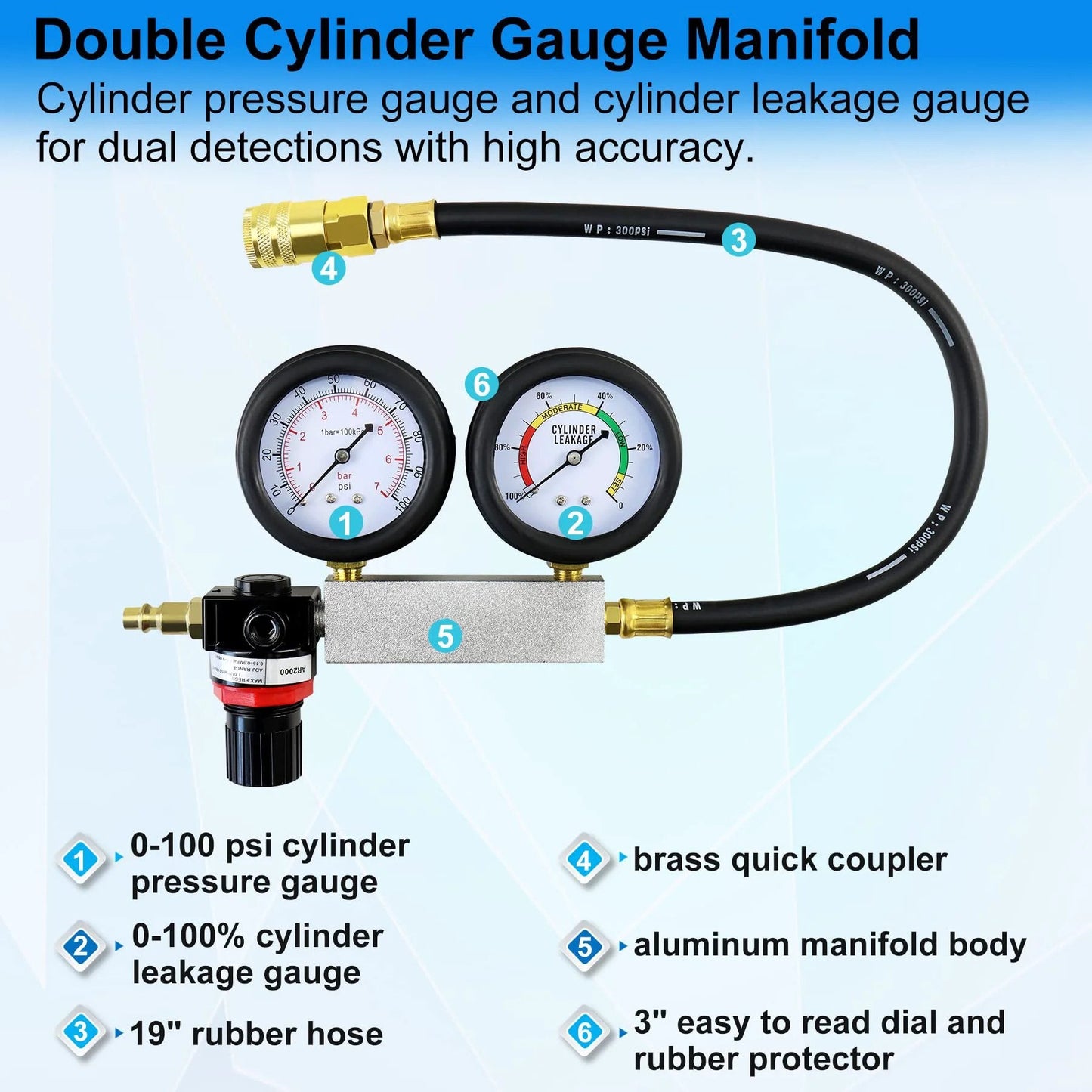 Pro Grade Cylinder Leak Down Tester Kit With Dual Pressure Gauges For Gasoline Engines showing dual gauges, rubber hose, and manifold.