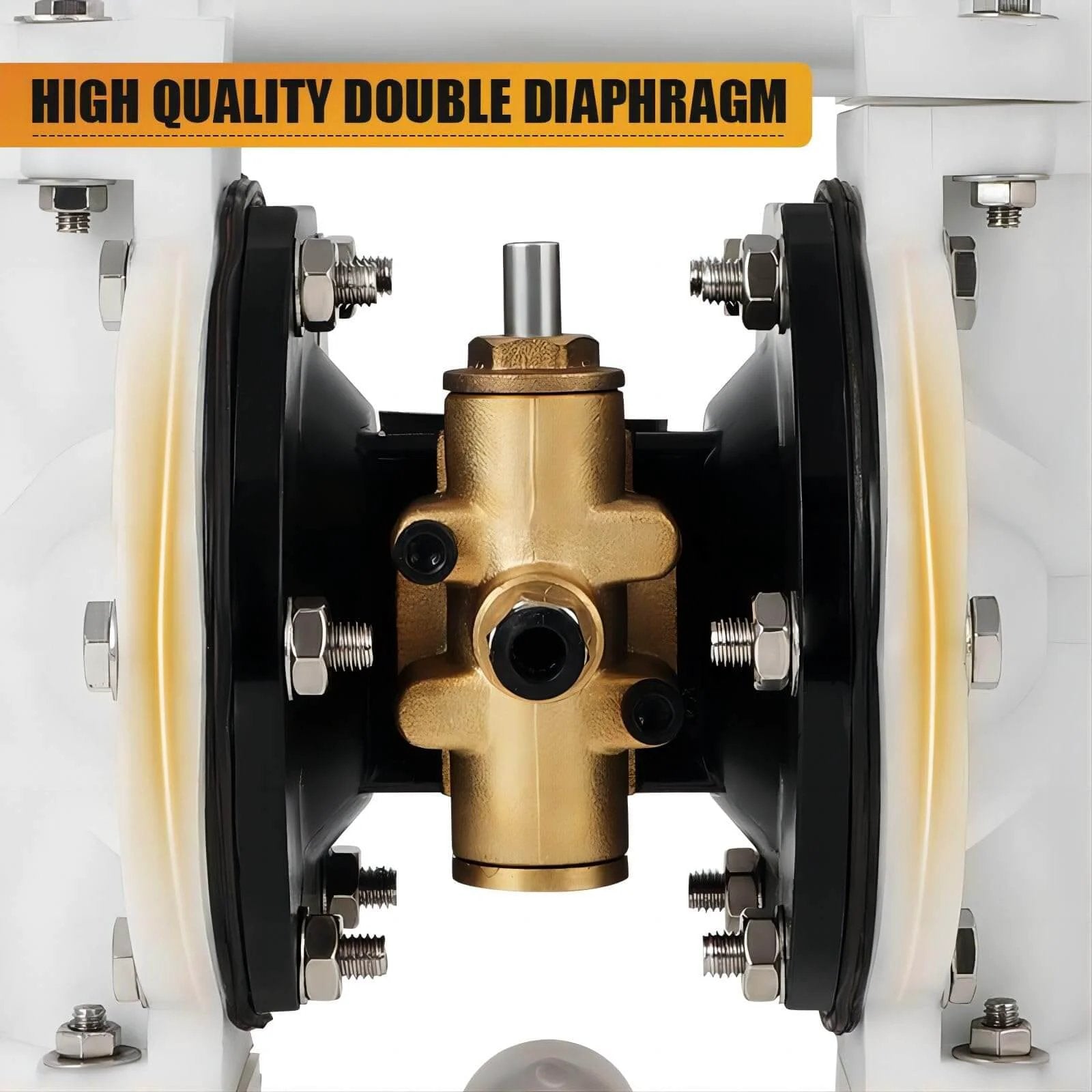 Close-up of Air Operated Double Diaphragm Pump QBK-15 with PTFE diaphragms and brass components, industrial use.