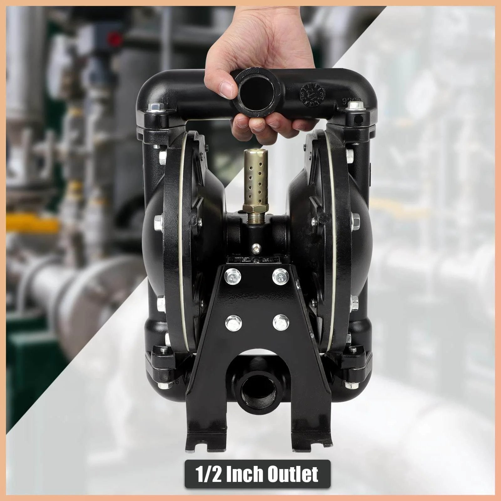 GCCSJ Air Operated Double Diaphragm Pump 1 inch Inlet/Outlet Pneumatic Chemical QBY4-25L with hand holding pump, industrial background