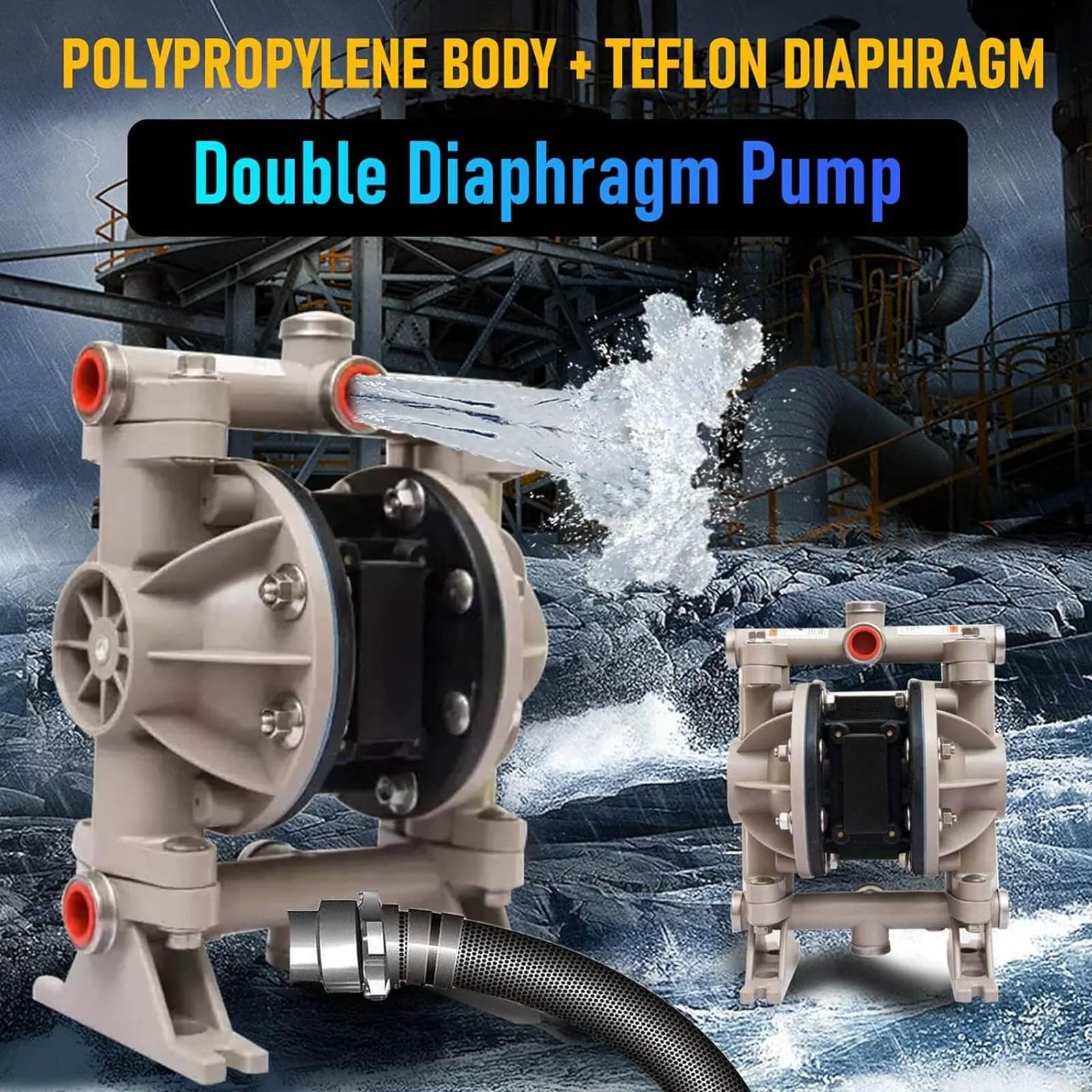 Air Operated Double Diaphragm Pump 1/2 inch Inlet/Outlet Pneumatic Waste Oil Transfer Pump in operation, polypropylene with Teflon diaphragm