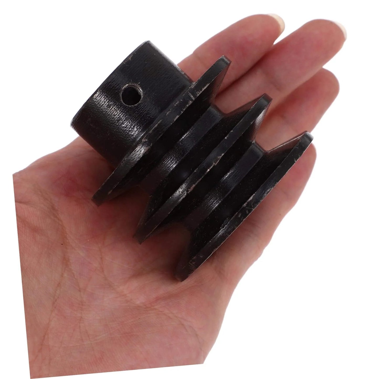 Idler Pulley for Gym Pulley Wheel Gas Engine Belt Sheave Double Installation in hand, showing size and double groove design.
