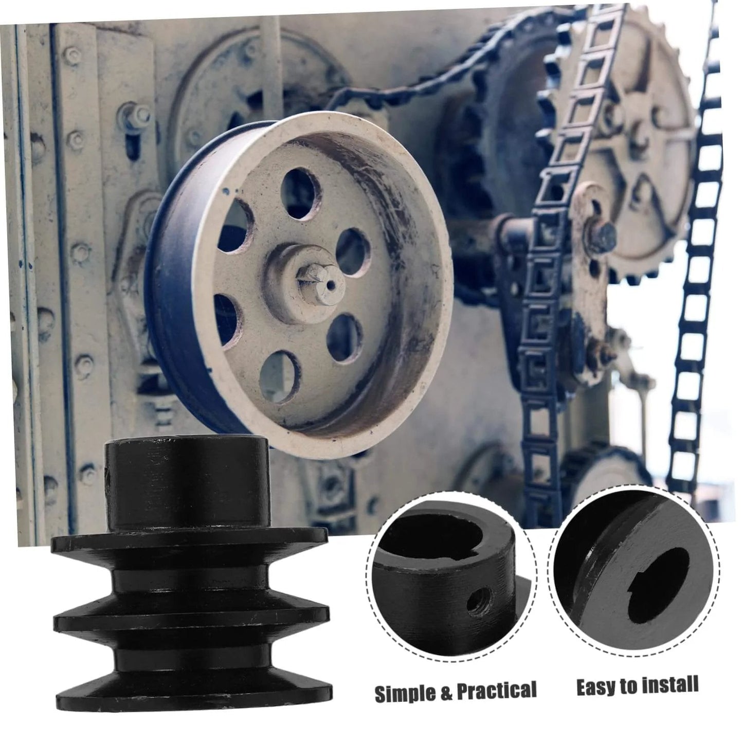 Double Groove Pulley Replacement for V-belt Gas Engine Water Pump Pulley Easy Installation, shown with close-up view