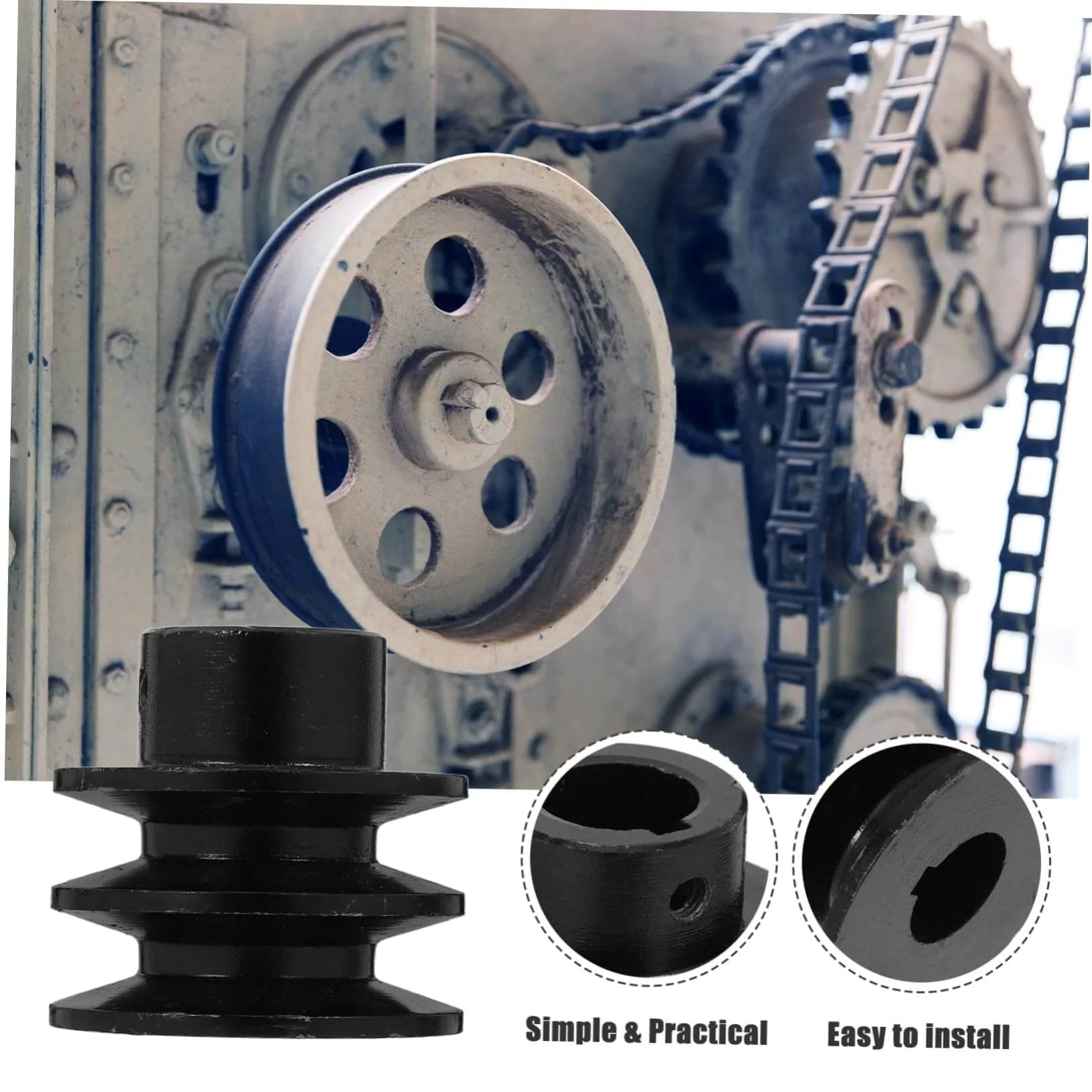 Double Groove Pulley Wall Mounted V-Belt Pulley for Gas Engine Water Pump Robust Efficient, shown in industrial setup and close-up