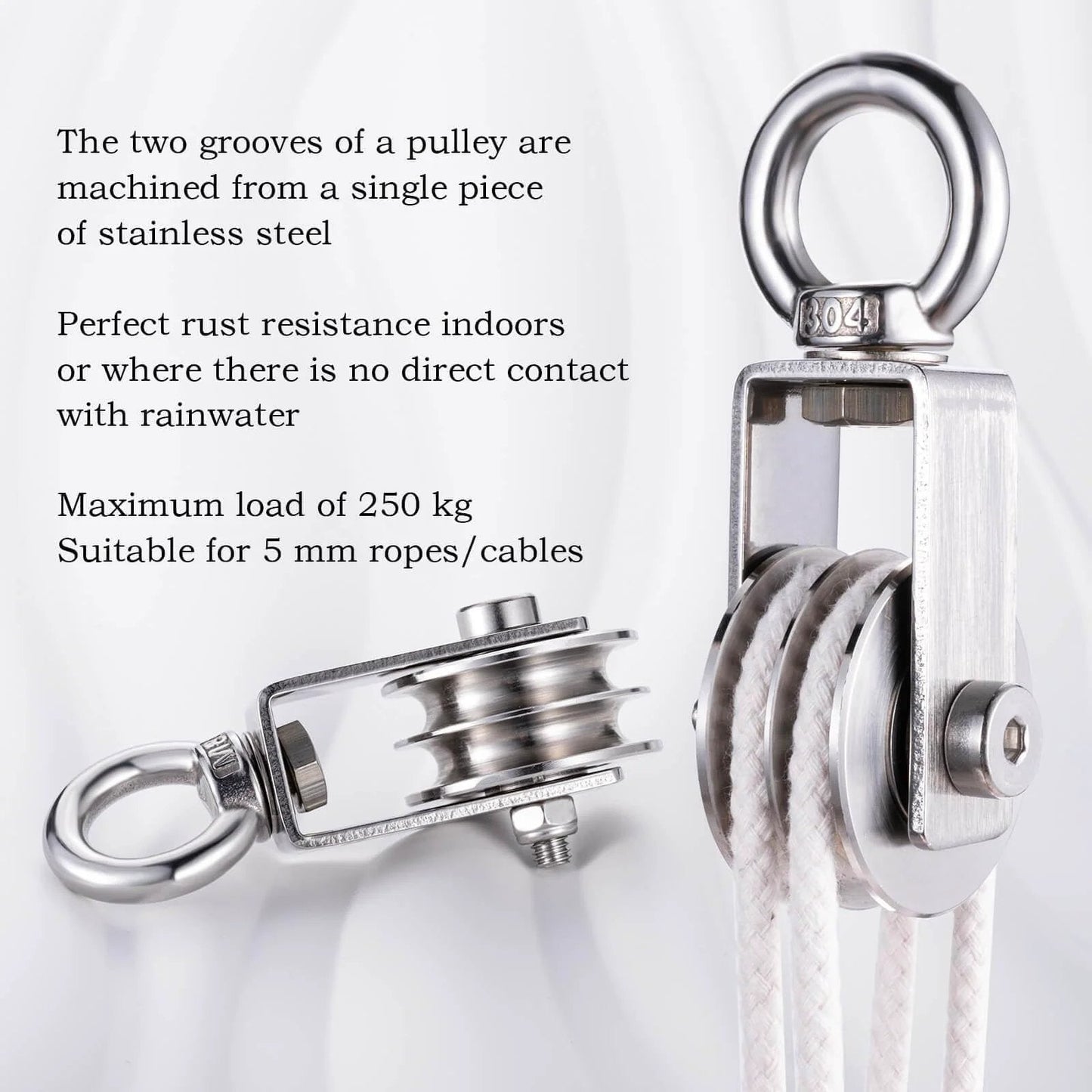 Side and front view of SHINICO Double Cable Pulley Block Heavy Duty Stainless Steel with swivel single pulley wheel.