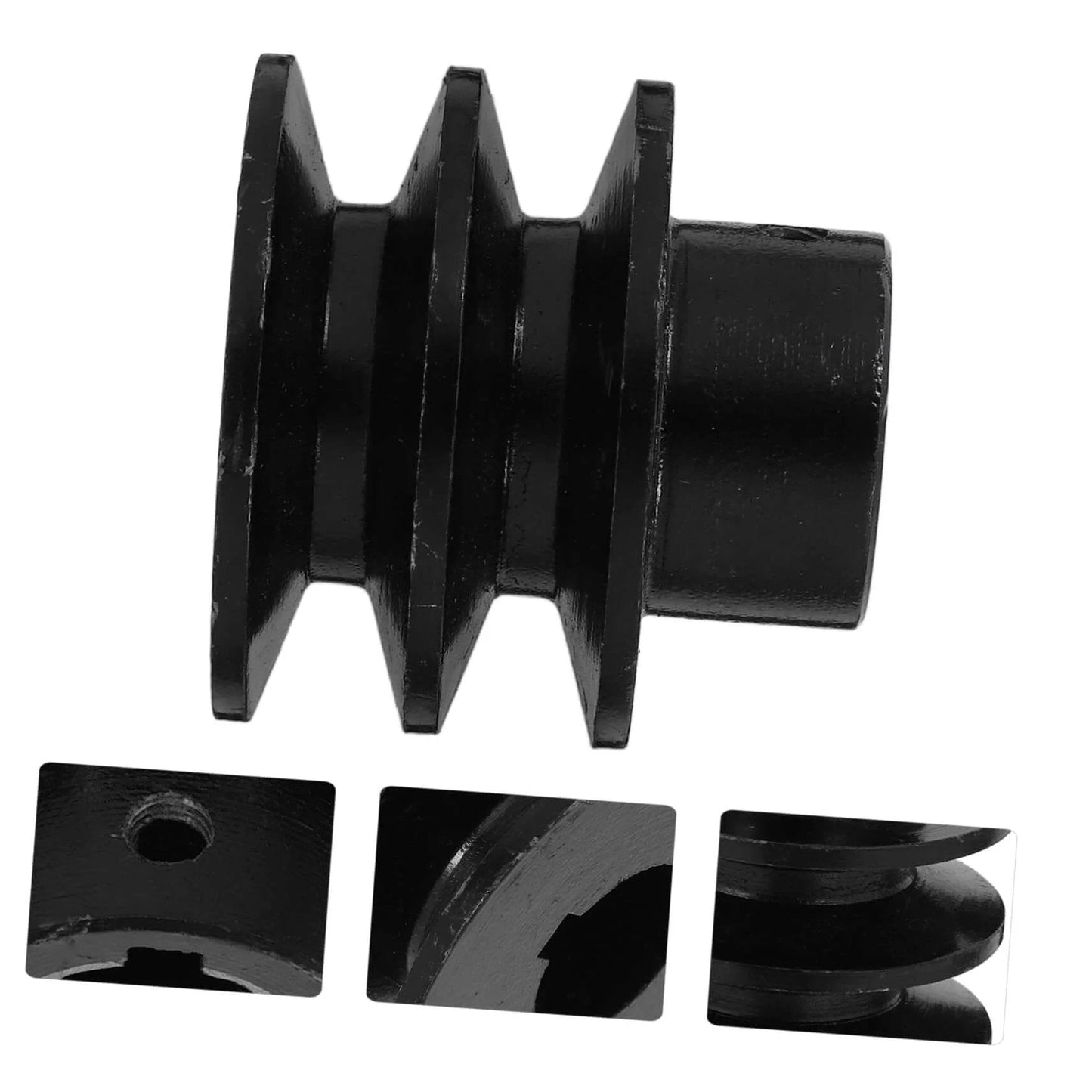 Front and detailed views of Groove Sheave Double Pulley for V-belt Water Pump Heavy Duty Cast Easy Installation for Automotive and Industrial Applications.