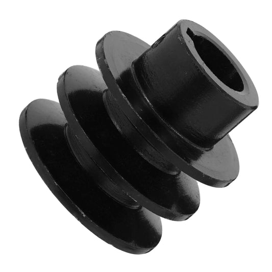 Black metal double groove pulley for wall mounted V-belt pulley for gas engine water pump robust efficient, side view.