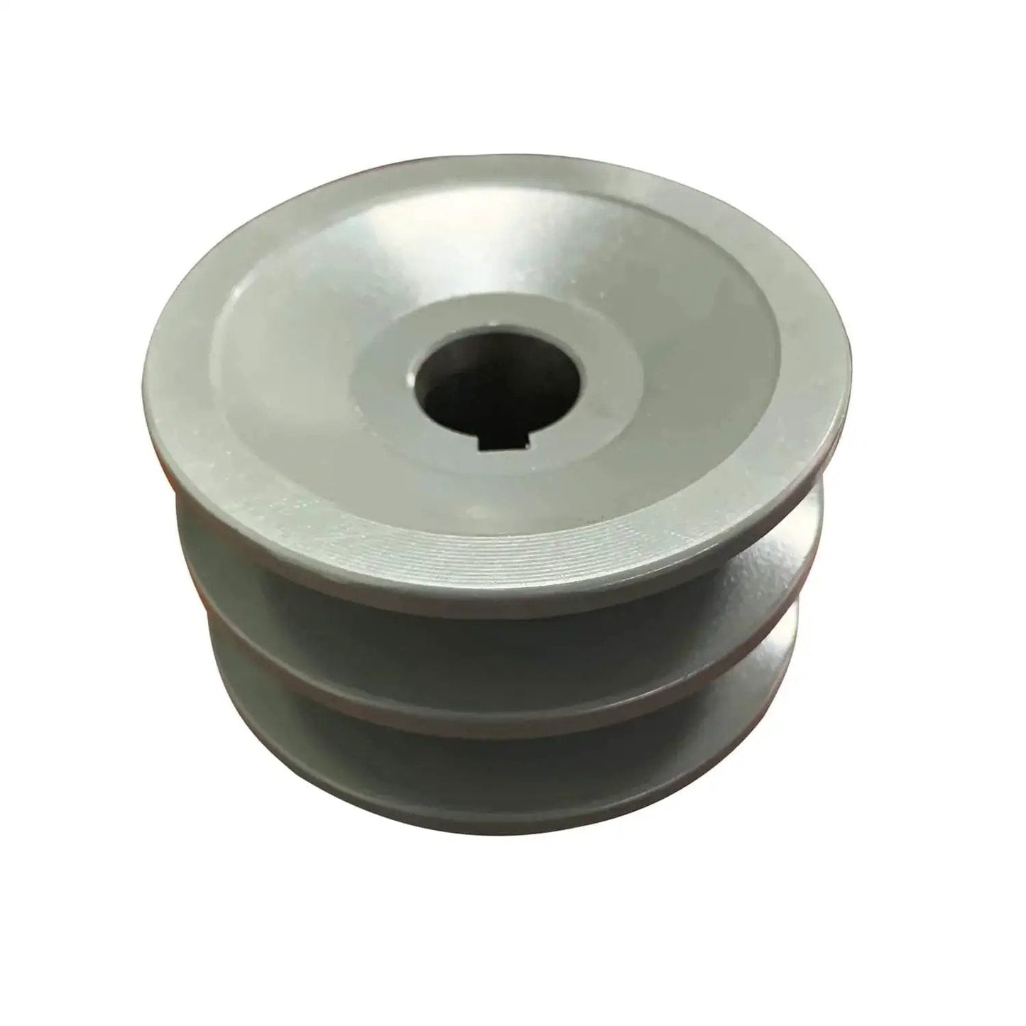 Double Groove V Belt Pulley For A And AX Belts Three L And Four L Sizes Two And A Half Inch Outer Diameter Five Eighths Inch Bore Cast Iron With Grey Finish Fixed Bore Durable Industrial Pulley For Reliable Power Transmission, shown in silver-grey cast iron.