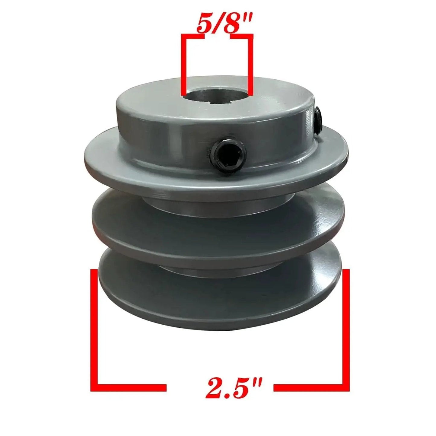 Double Groove V Belt Pulley For A And AX Belts Three L And Four L Sizes Two And A Half Inch Outer Diameter Five Eighths Inch Bore Cast Iron With Grey Finish Fixed Bore Durable Industrial Pulley For Reliable Power Transmission.