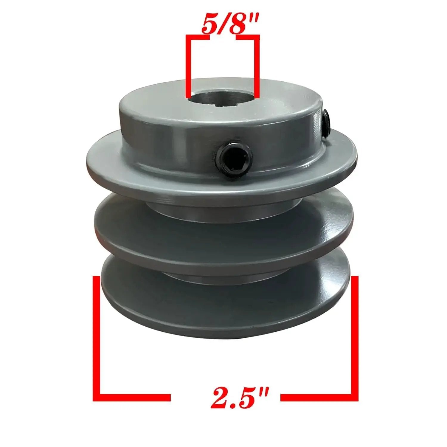 Double Groove V Belt Pulley For A And AX Belts Three L And Four L Sizes Two And A Half Inch Outer Diameter Five Eighths Inch Bore Cast Iron With Grey Finish Fixed Bore Durable Industrial Pulley For Reliable Power Transmission.