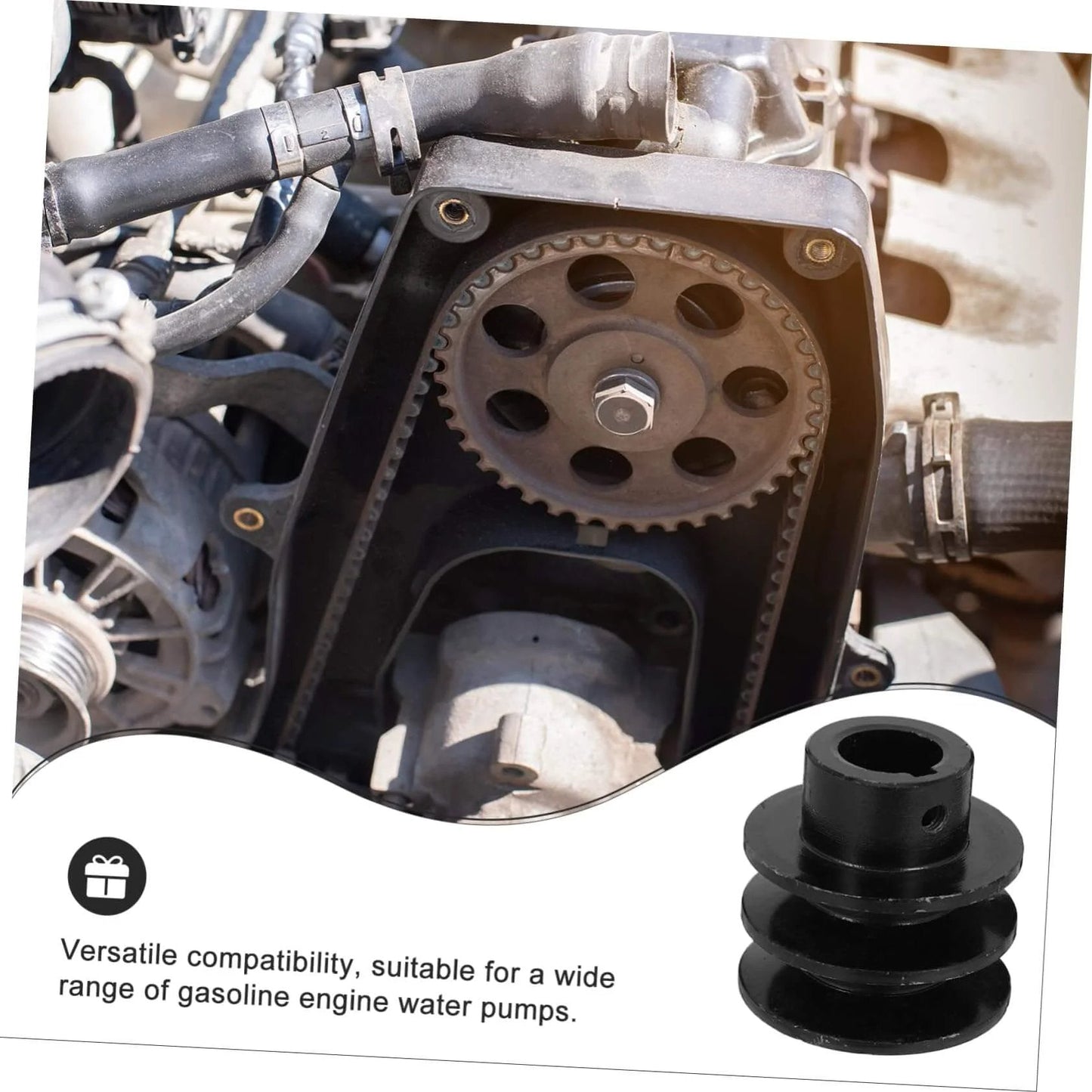 Groove Sheave Double Pulley for V-belt Water Pump Heavy Duty Cast Easy Installation for Automotive displayed next to engine