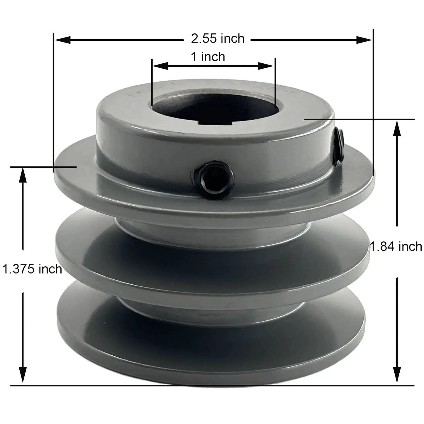 Double Groove V Belt Pulley for A AX 3L 4L Belts 2AK251 Cast Iron Sheave with 1 inch bore and 2.55 inch diameter, side view.