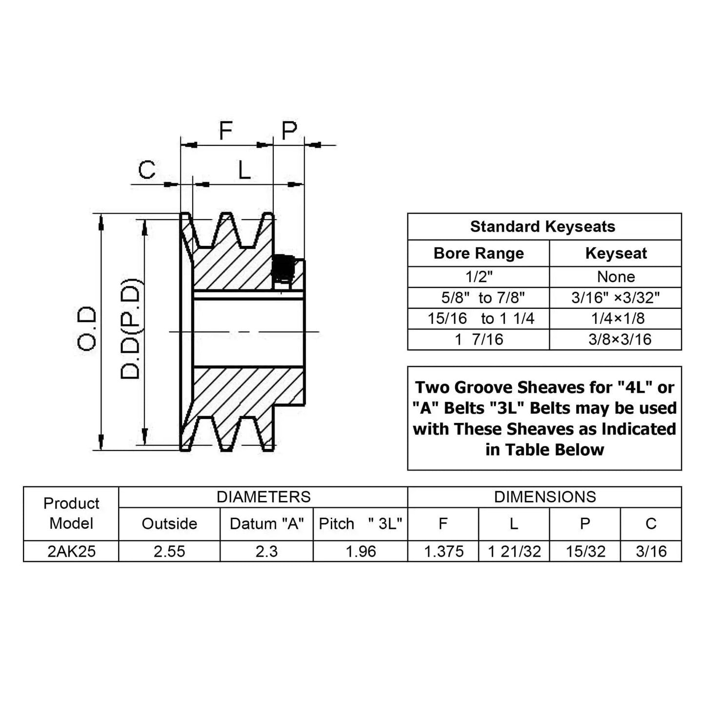 Technical diagram of Double Groove V Belt Pulley for A AX 3L 4L Belts 2AK251 with dimensions and keyseat specs