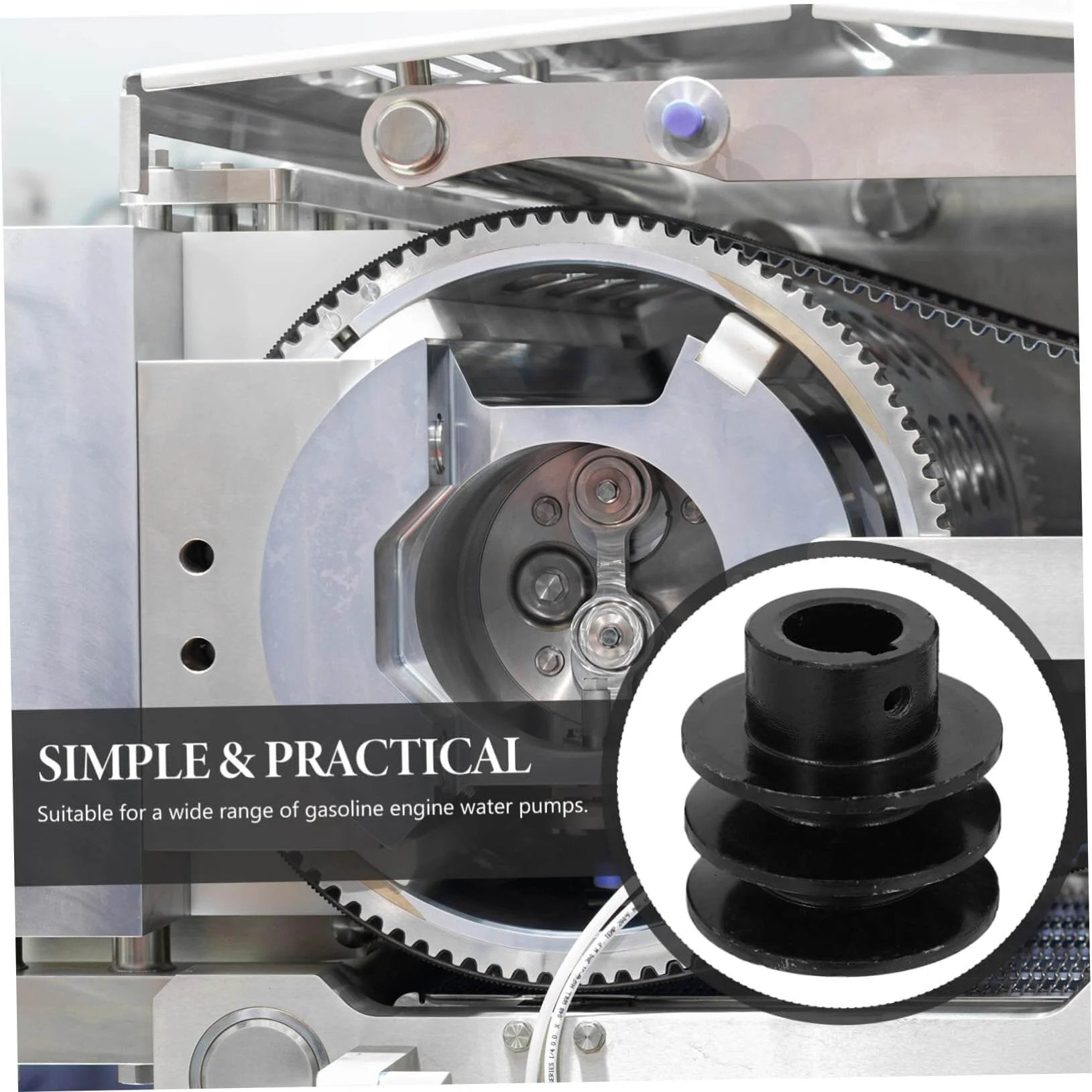 Double Groove Pulley V-belt Pulley for Gas Engine Water Pump Easy Install shown next to a mechanical system.