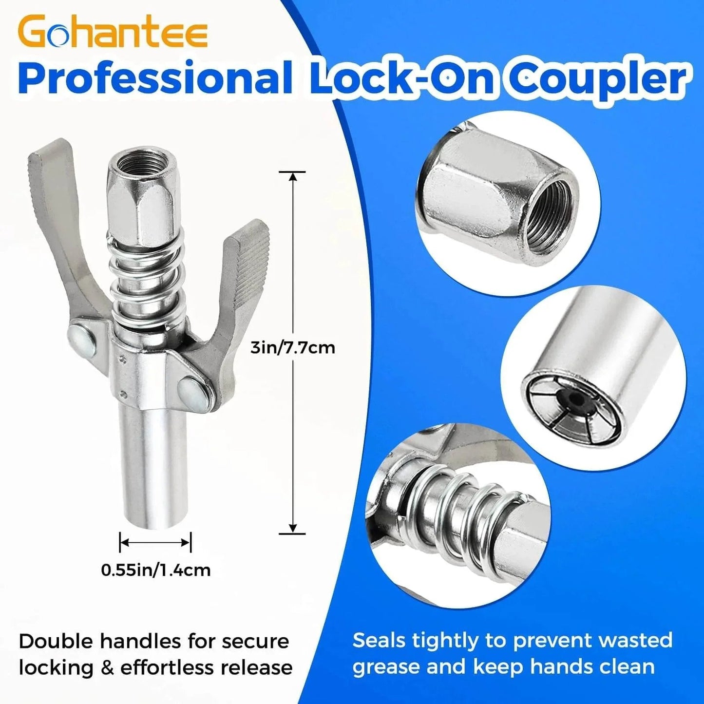 Grease Gun Accessory Kit With Double Handles Grease Coupler featuring lock-on mechanism for secure lubrication in tight spots.